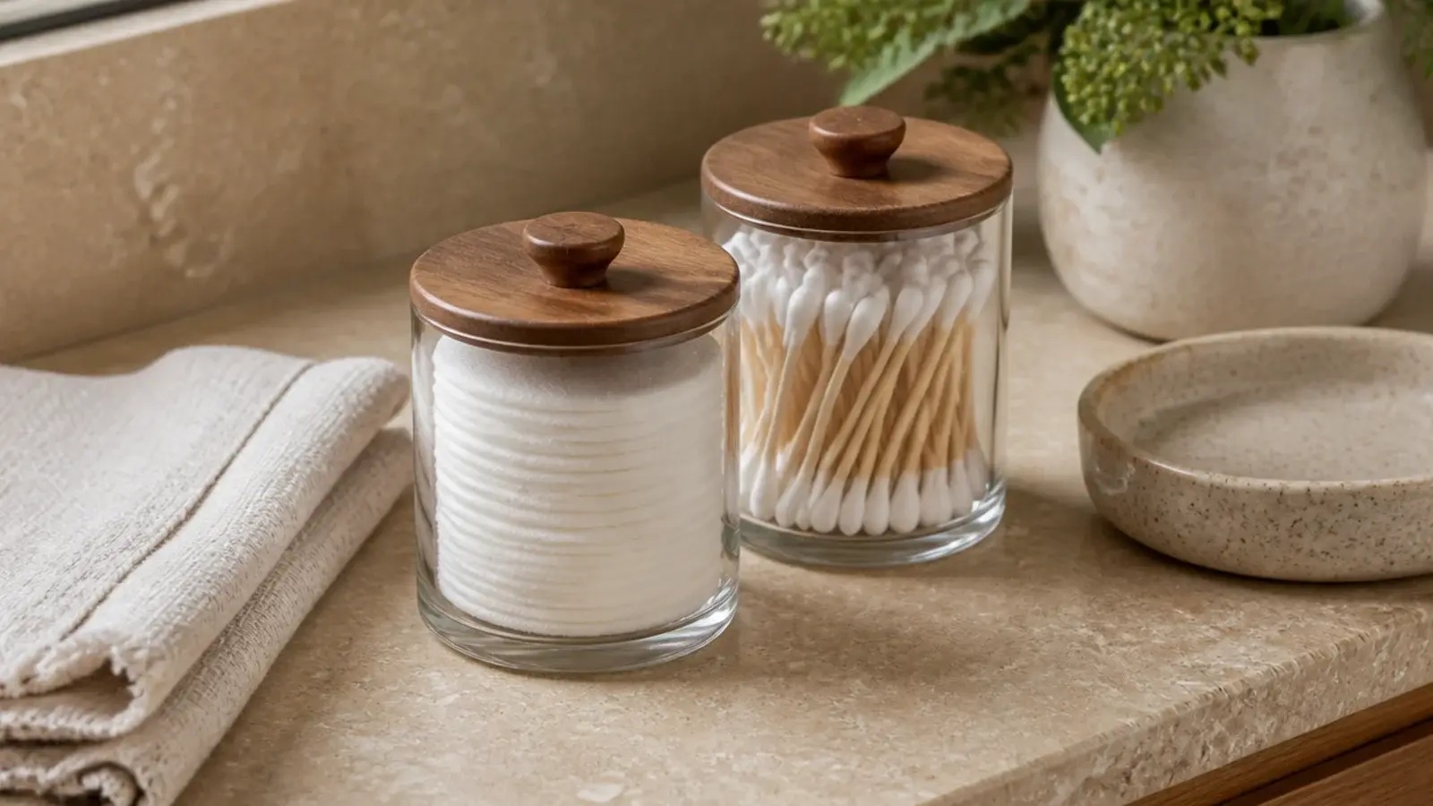 glass canisters holding cotton rounds and swabs on a calm vanity counter