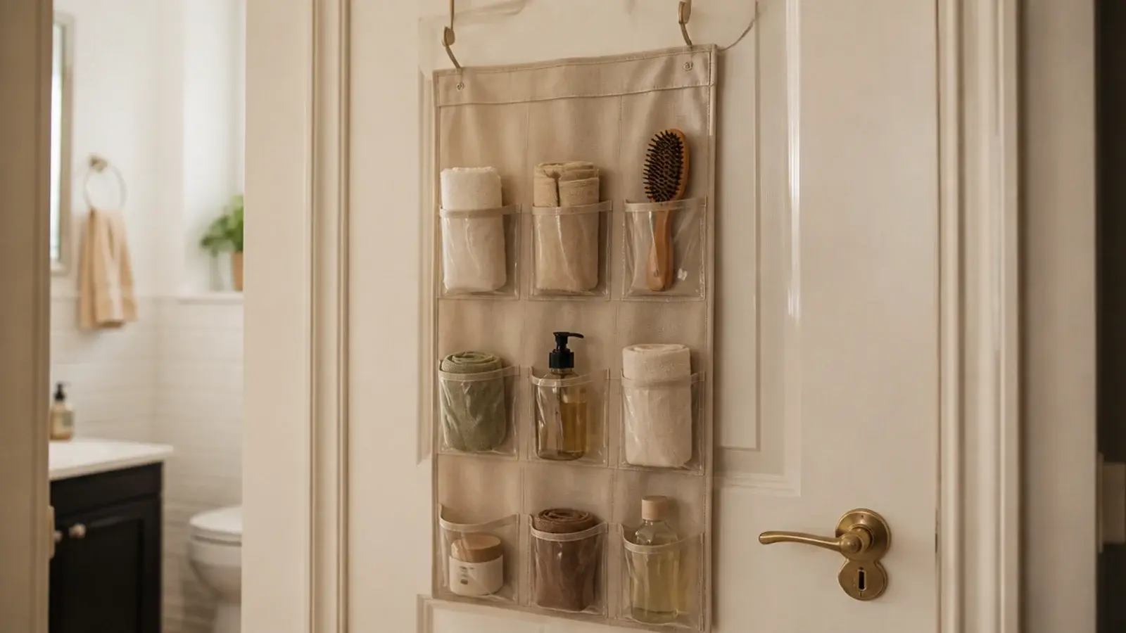 fabric over the door organizer holding towels and bottles behind a door