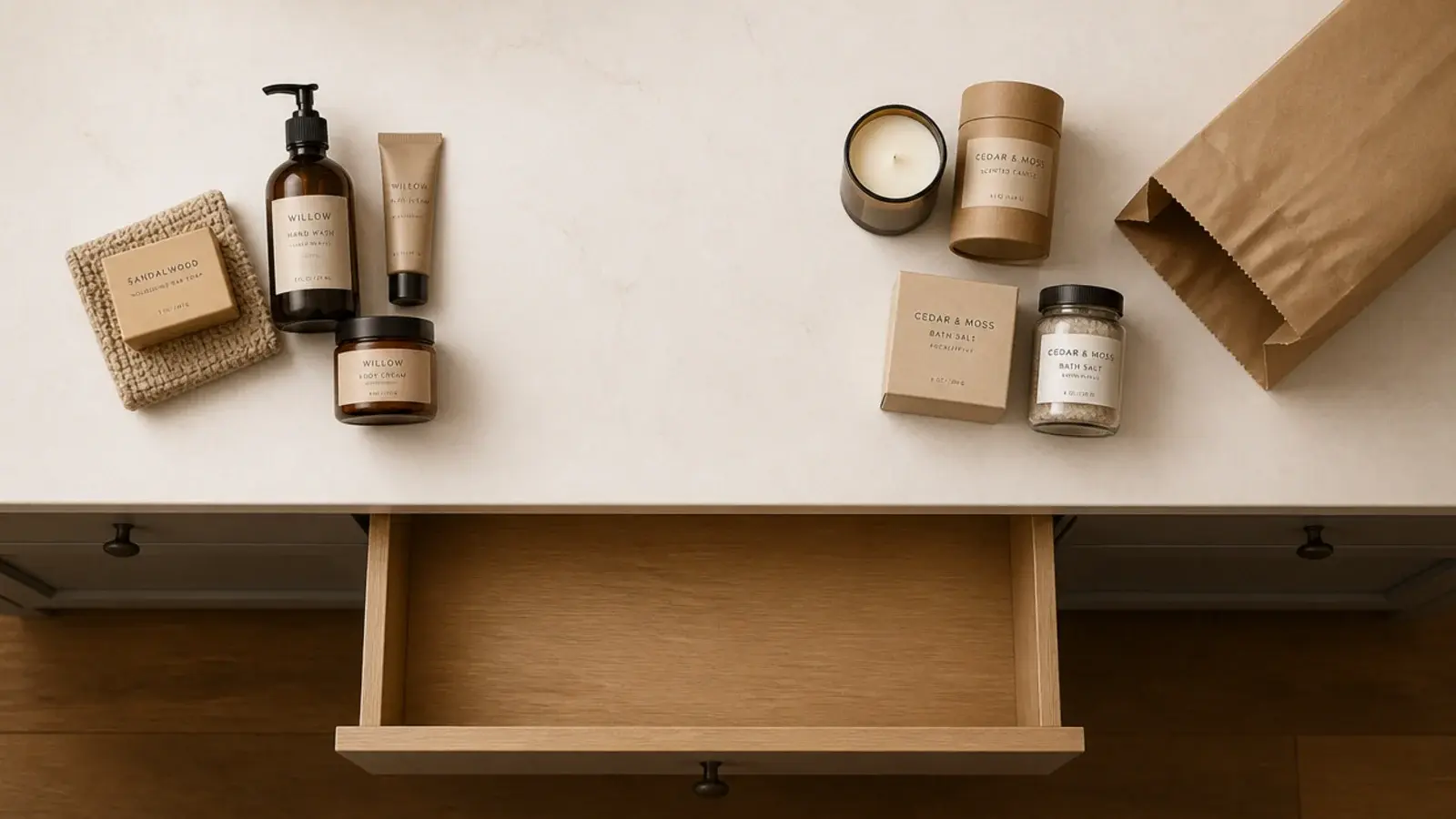 expired mascara and old powders sorted for disposal beside a vanity drawer