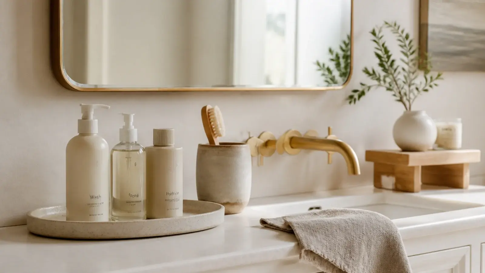 renter friendly vanity countertop organization with a tray riser and brush cup