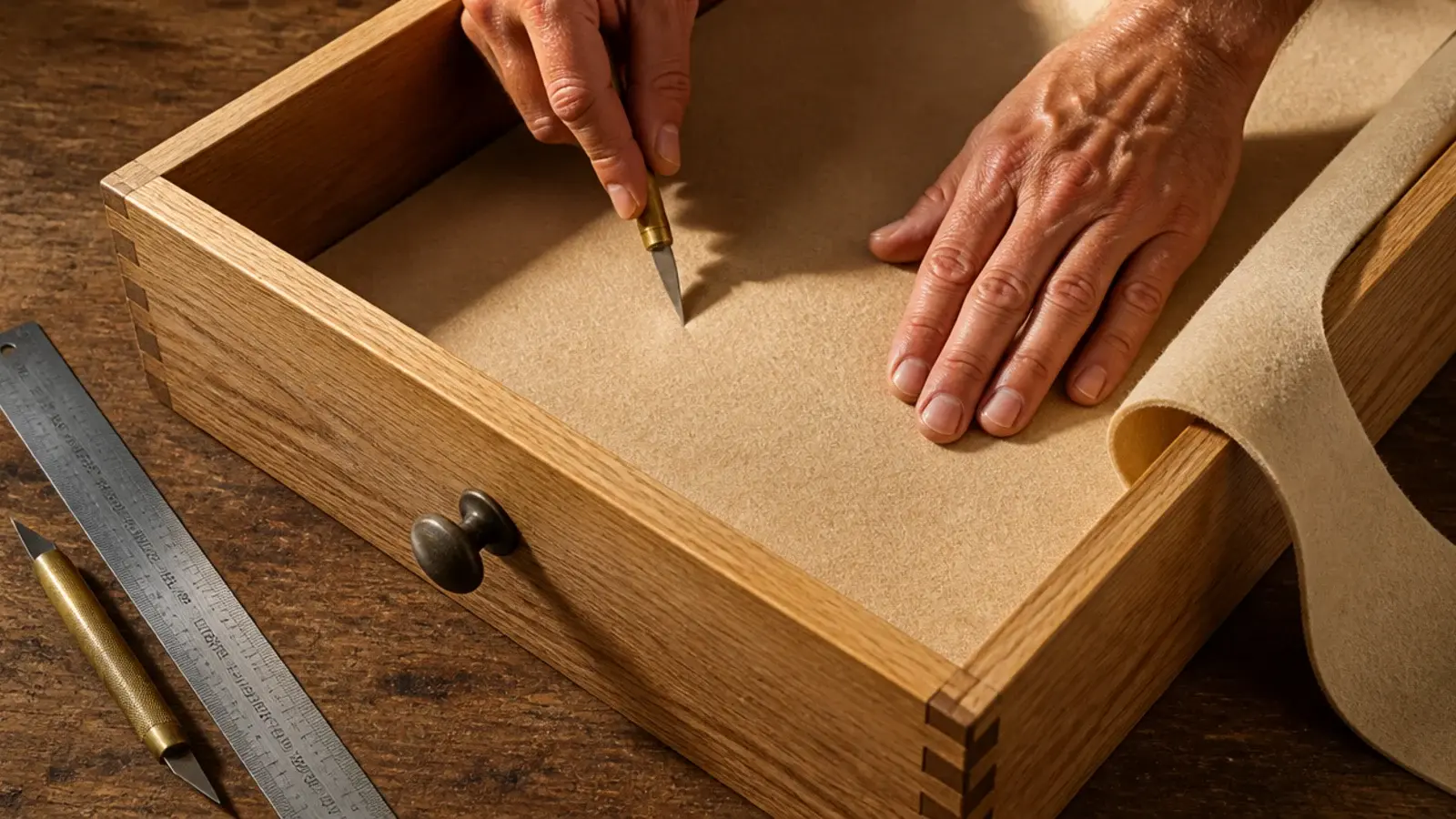 sand coloured felt liner being smoothed into a vanity drawer base