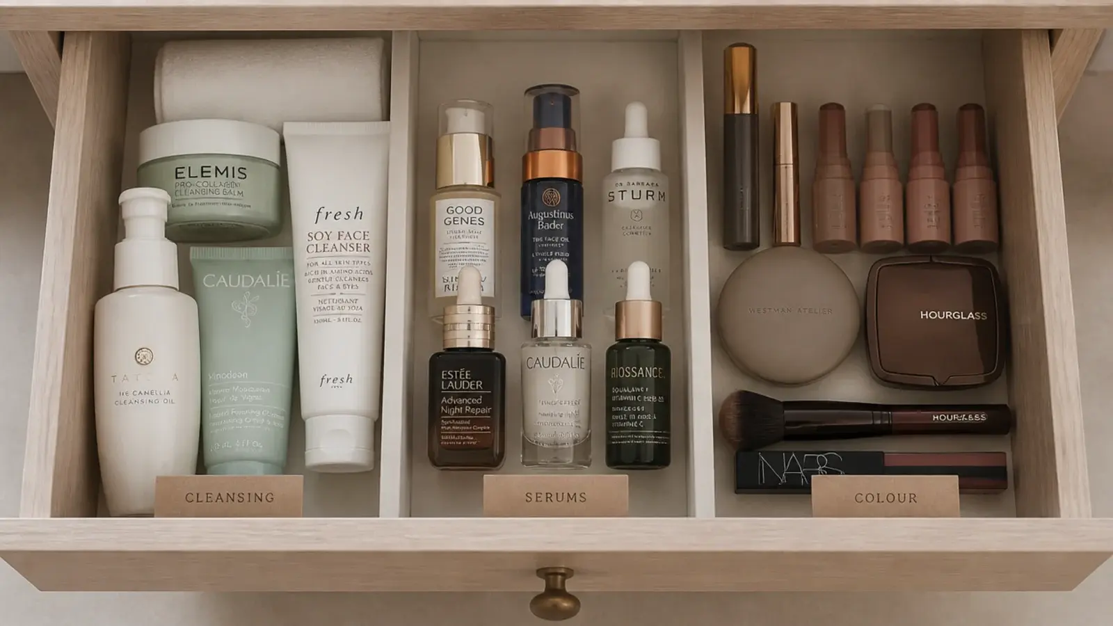 vanity drawer loaded front to back in cleanse treat colour order