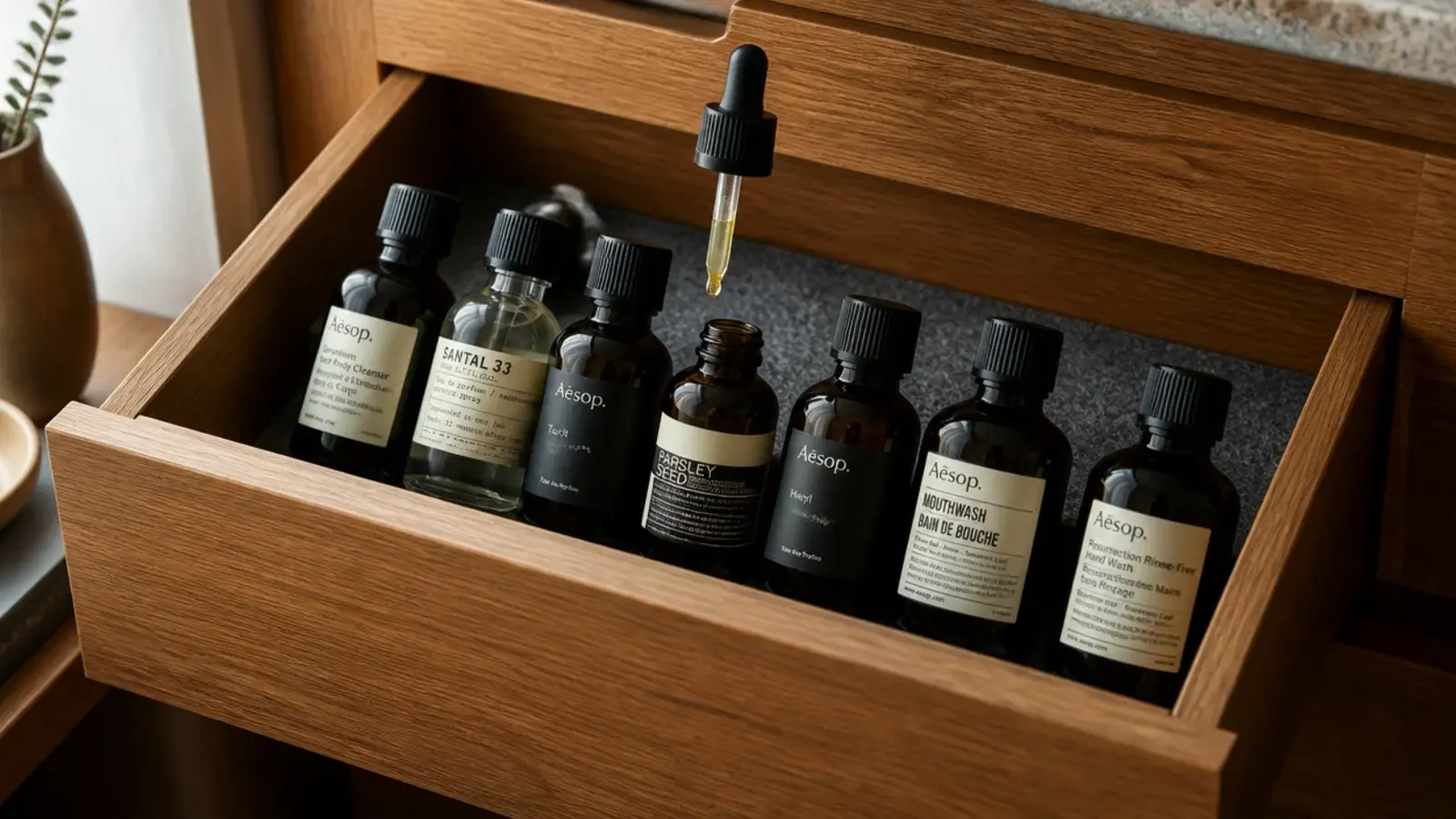 serum bottles and pumps standing upright in a deep lined drawer