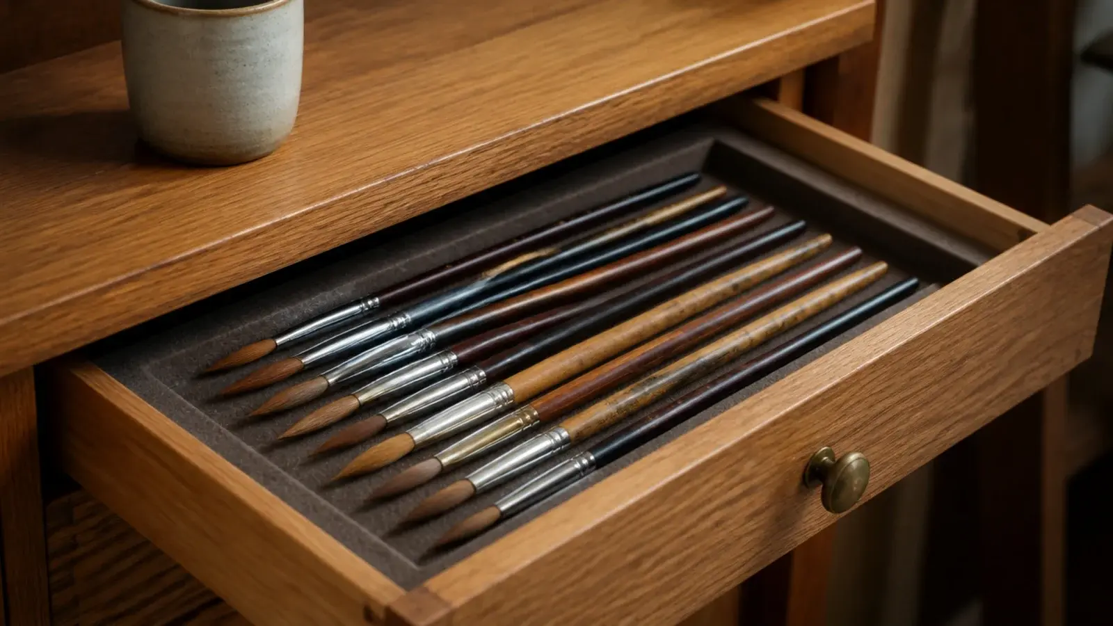 makeup brushes laid in a felt lined channel inside a vanity drawer