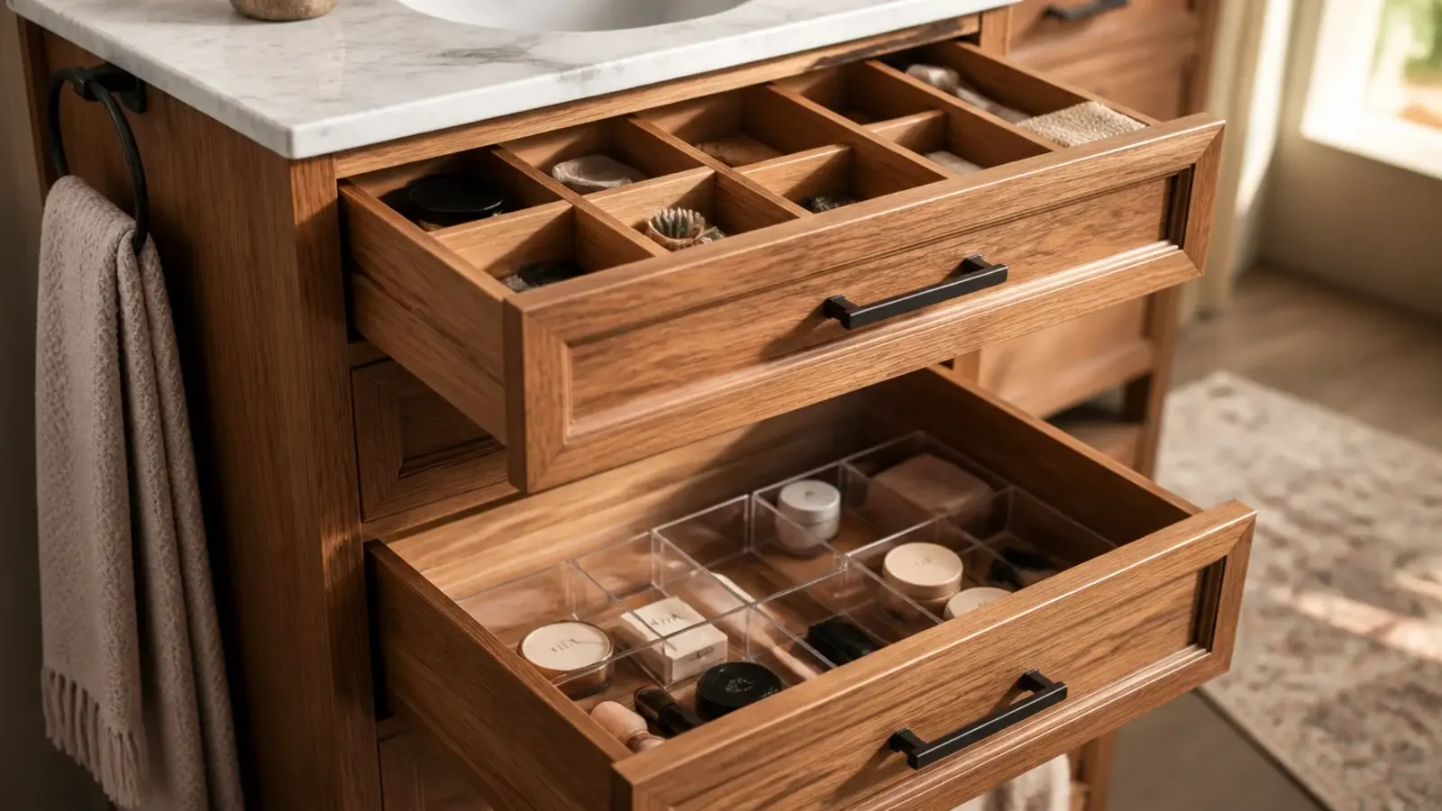 solid oak dividers in a top drawer beside plain acrylic trays below