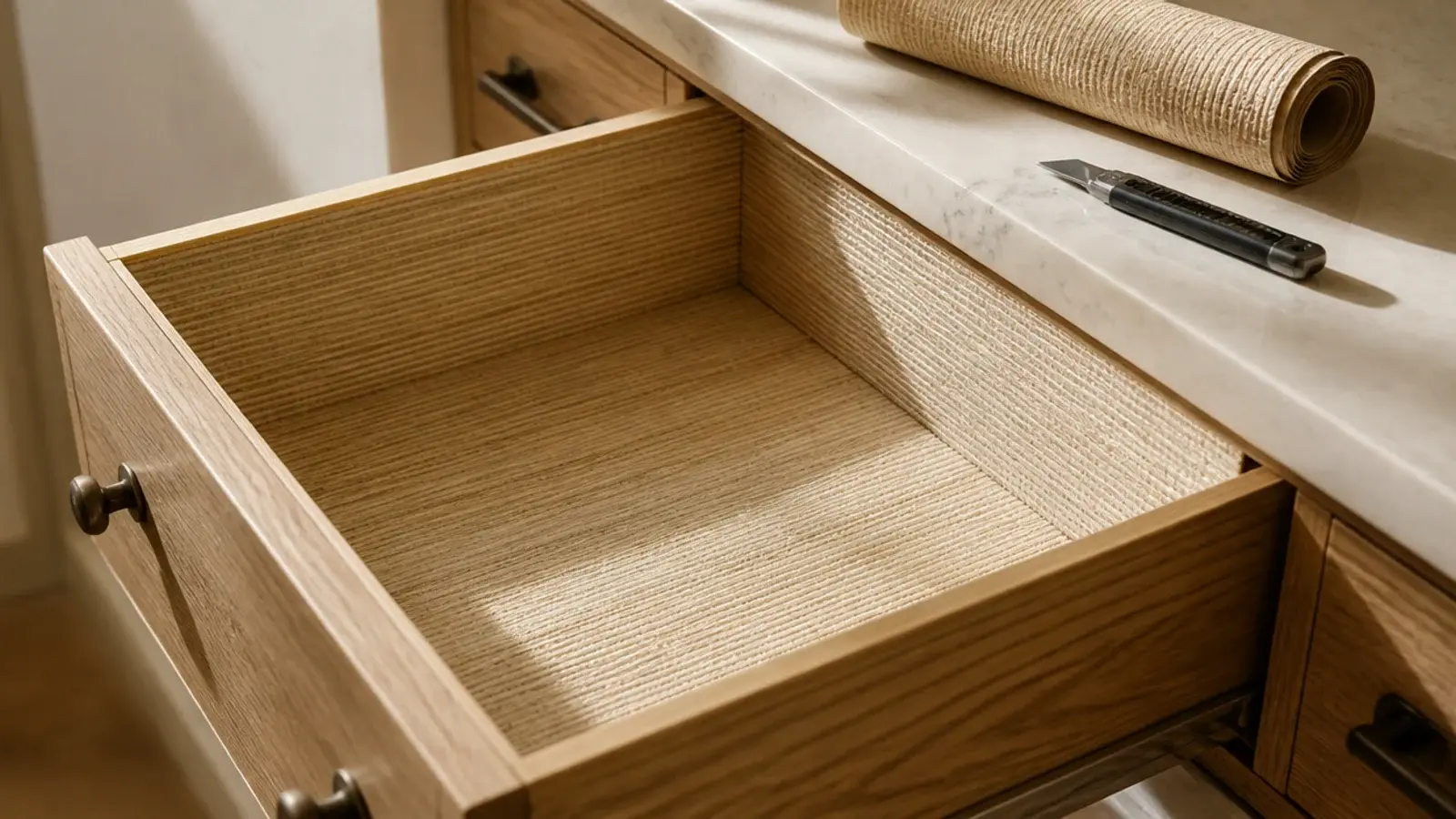 grasscloth paper lining the sides of a vanity drawer interior