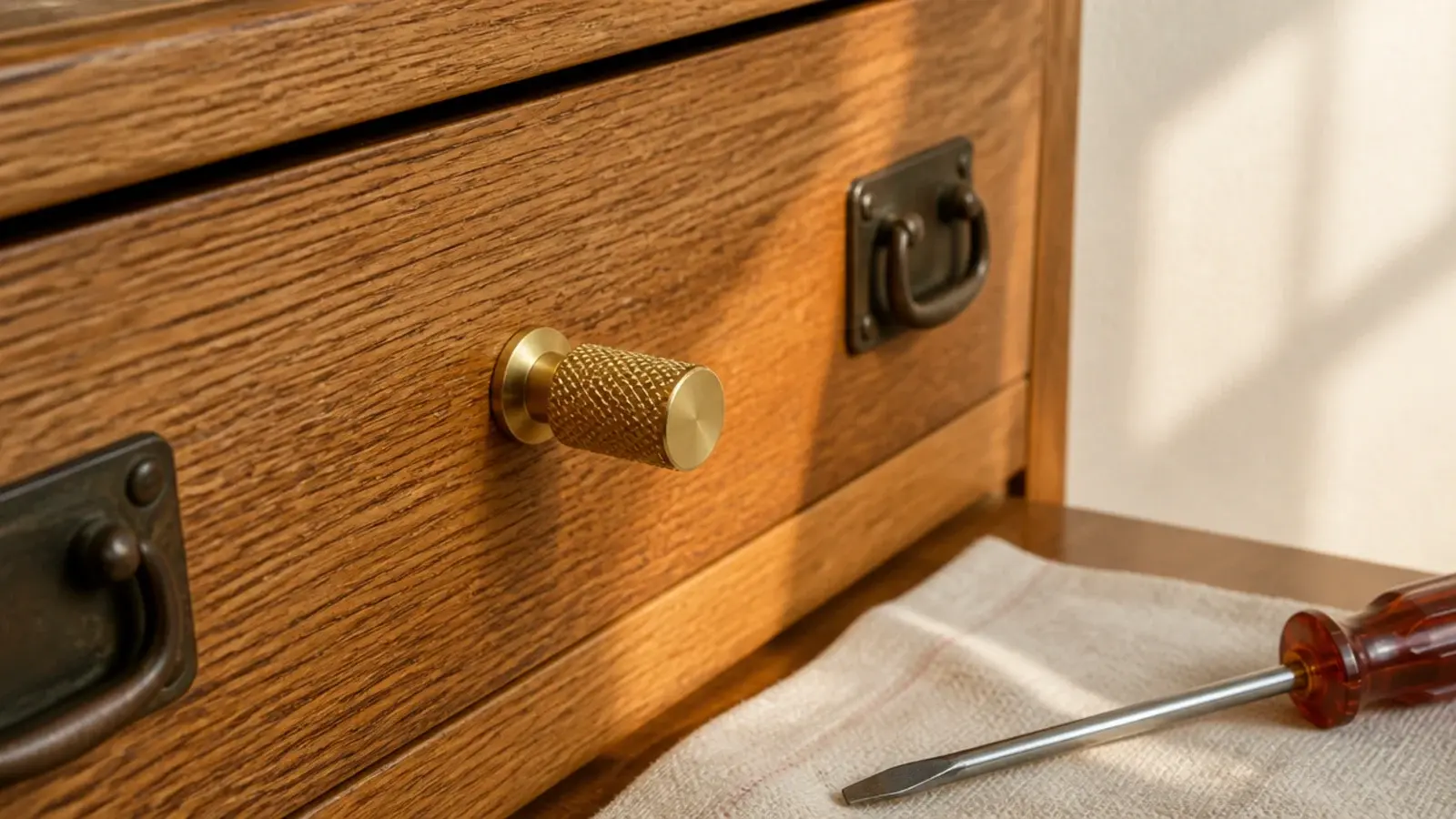 knurled brass pull fitted to a vanity drawer front beside old handles