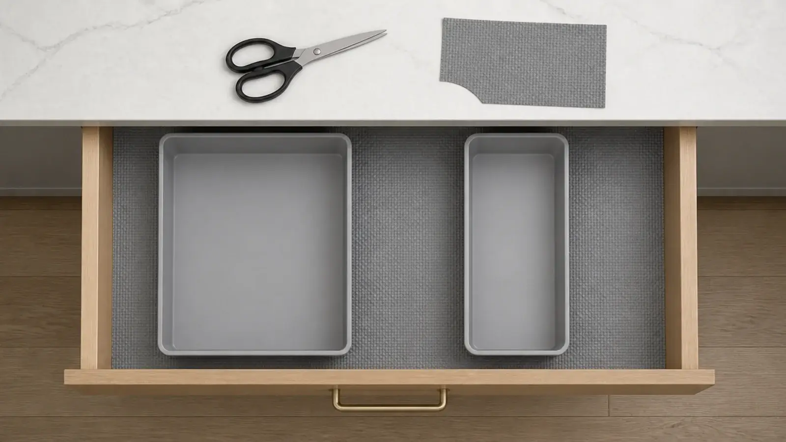 non slip liner cut to size beneath trays in a vanity drawer