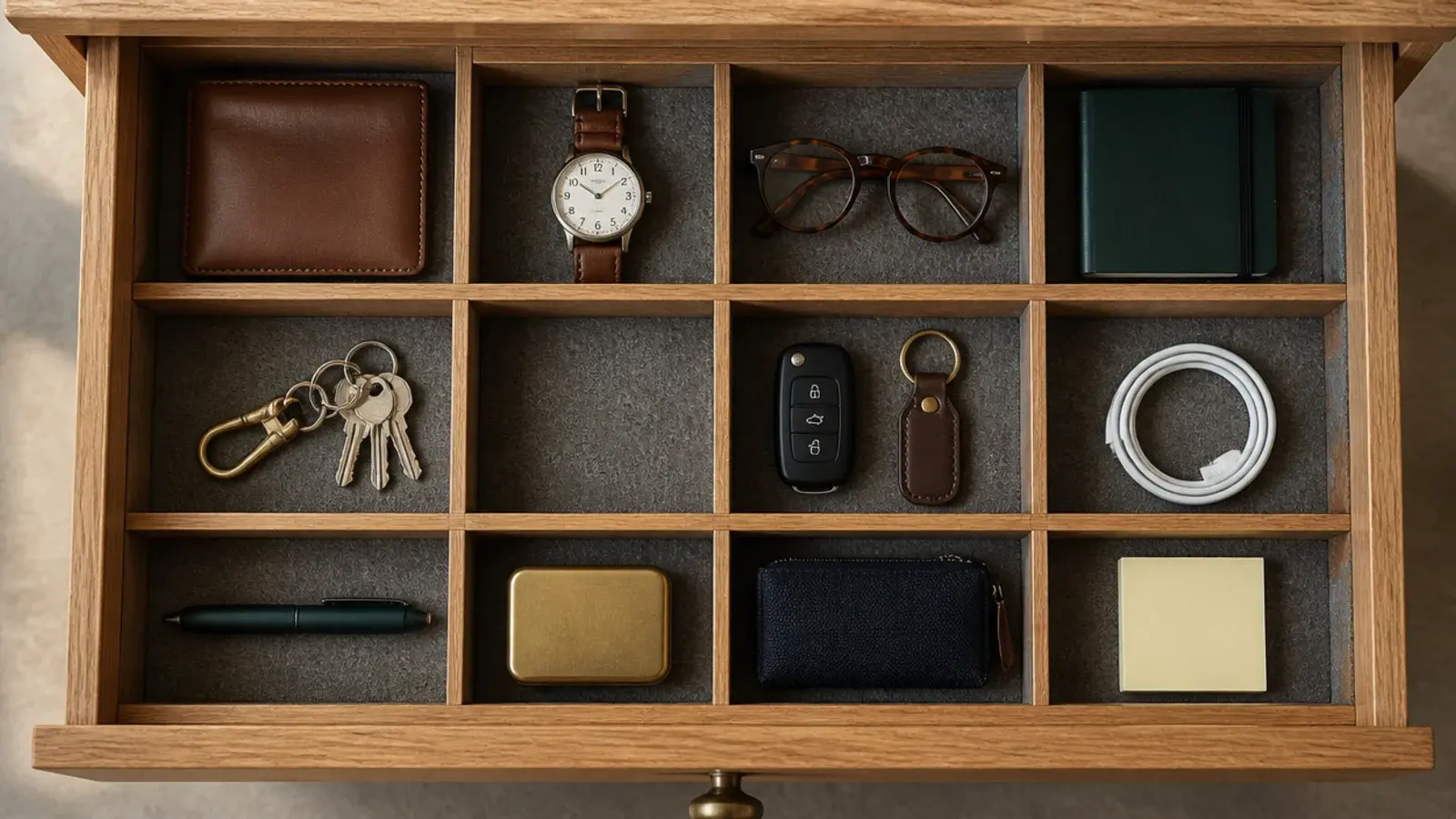one empty compartment left free in an organized vanity drawer