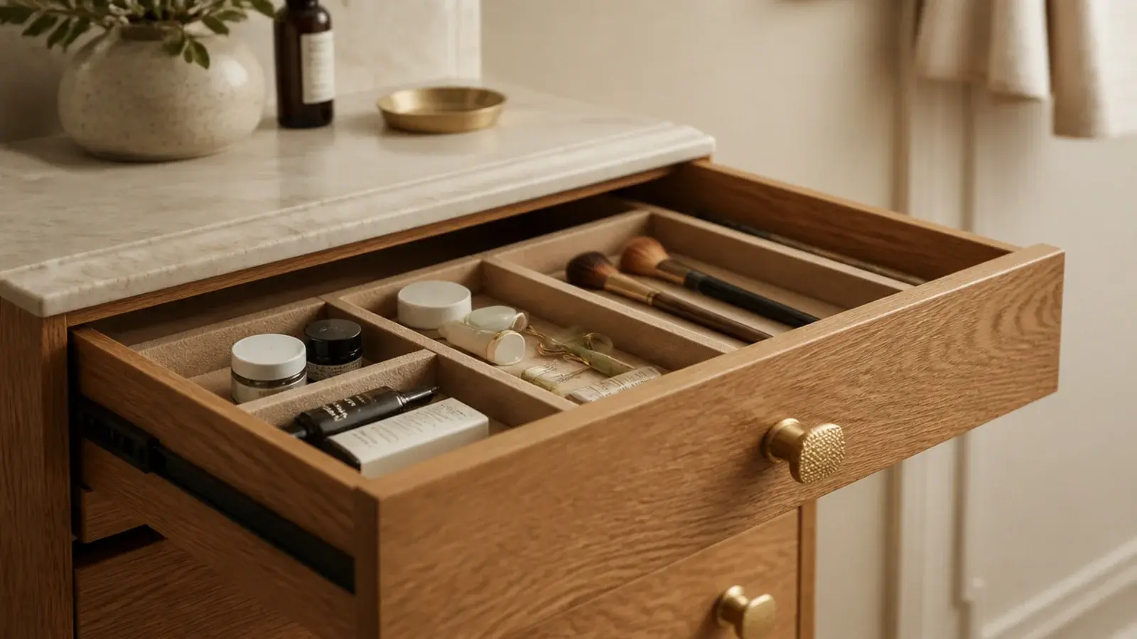 vanity drawer organization with felt lined compartments and brass pulls