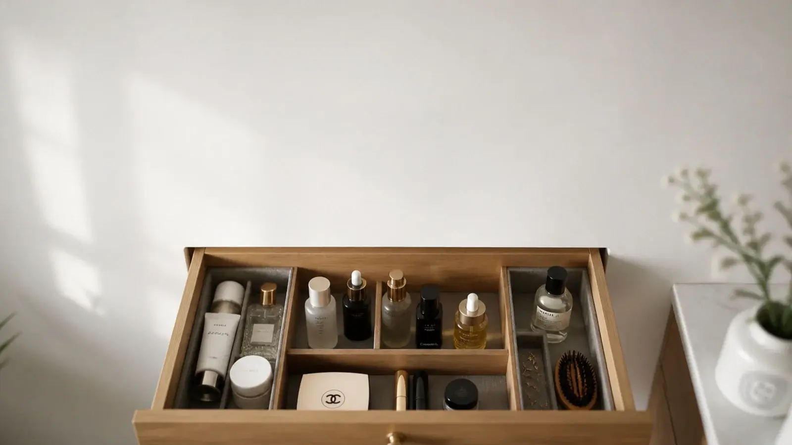 vertical guide to vanity drawer organization with felt liners and inserts