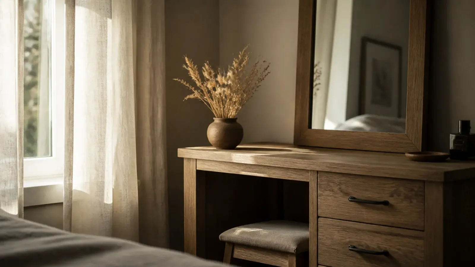dressing table set perpendicular to a bedroom window catching side daylight