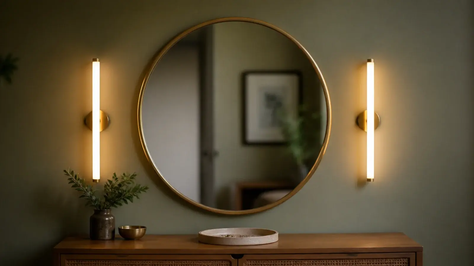 two slim warm light bars flanking a round bedroom vanity mirror