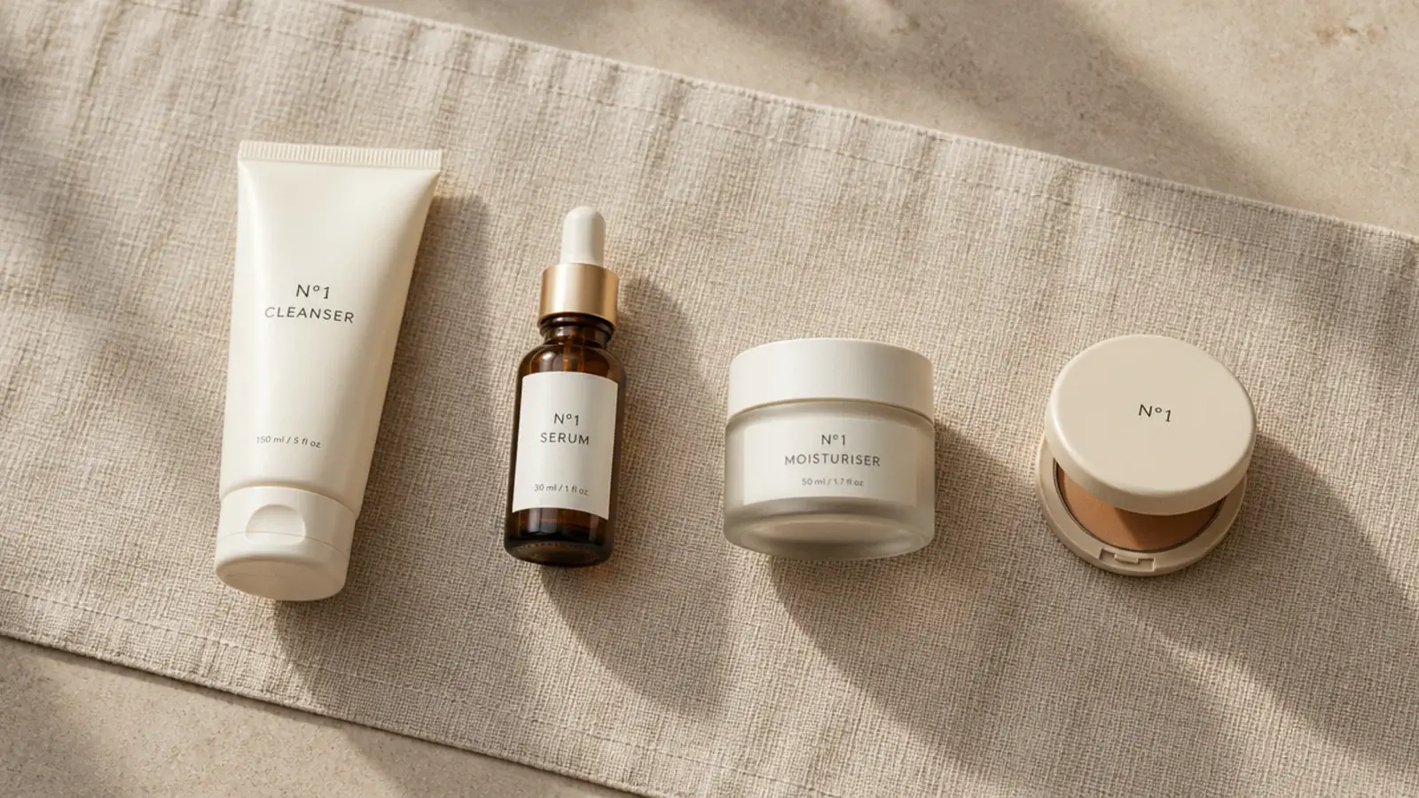 skincare arranged left to right in cleanse treat and colour order