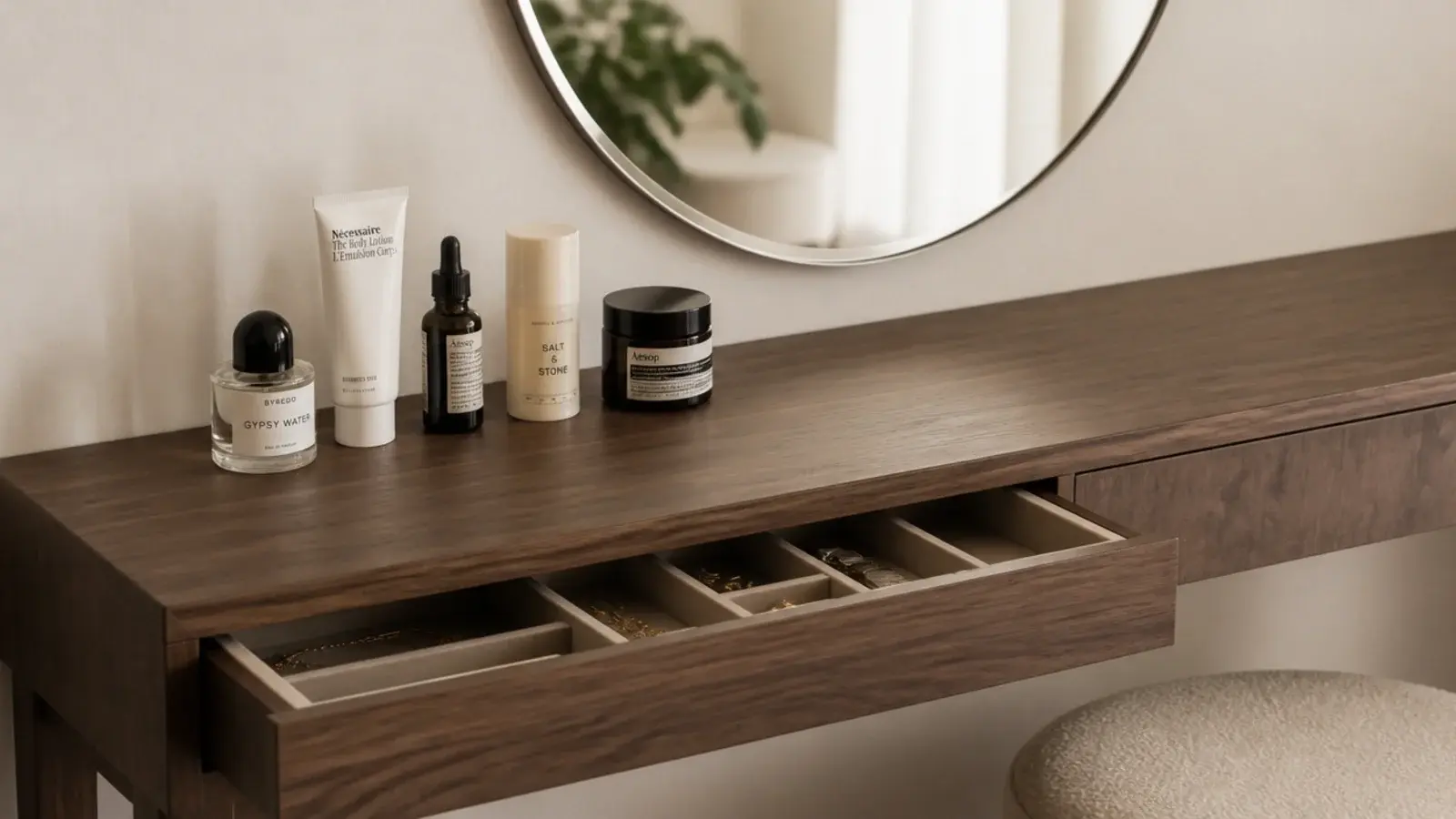 bedroom vanity counter holding five daily products with a drawer open below