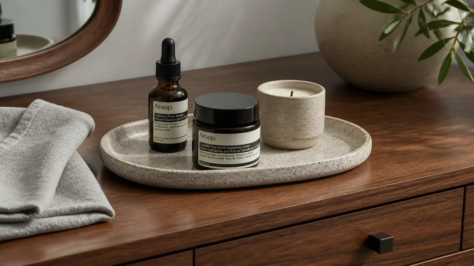 stoneware tray on a dressing table holding serum cream and a candle