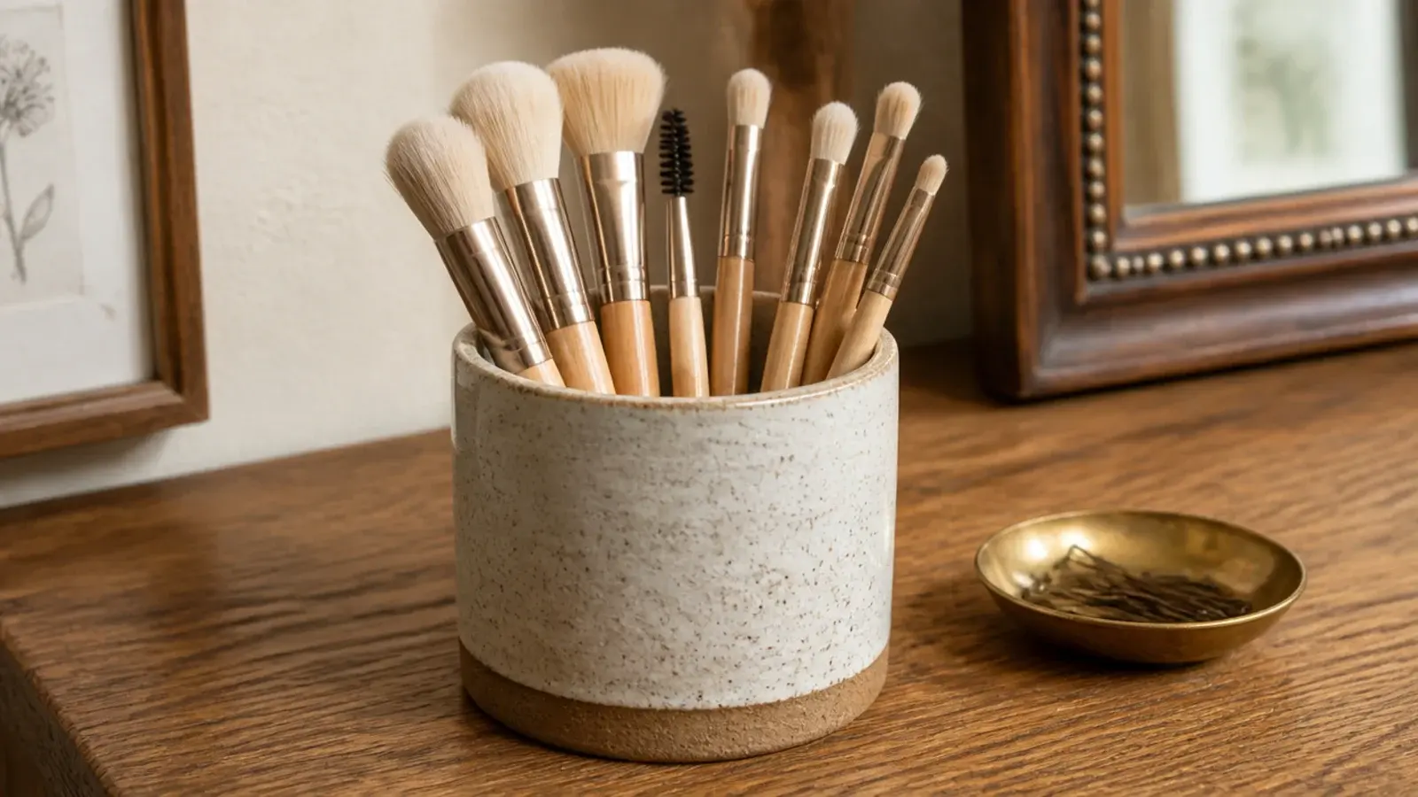 heavy stoneware cup holding makeup brushes upright on a bedroom vanity