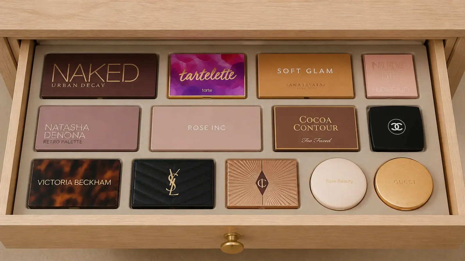 shallow drawer insert holding palettes and compacts in a single layer