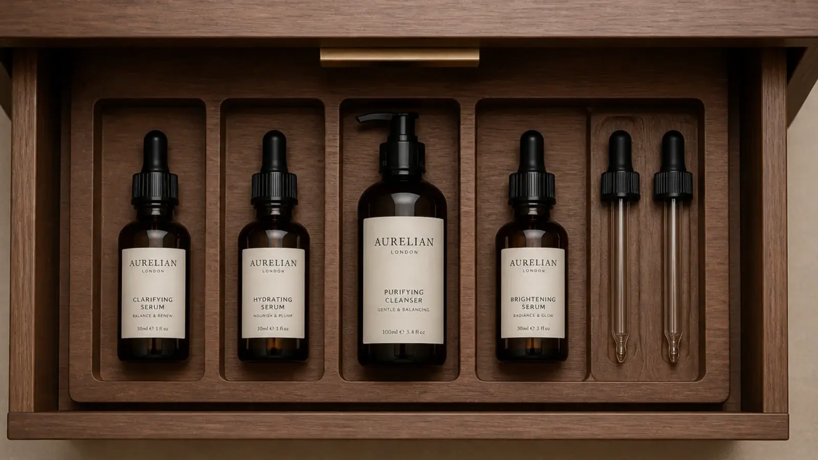 deeper drawer insert holding serum bottles and pumps standing upright