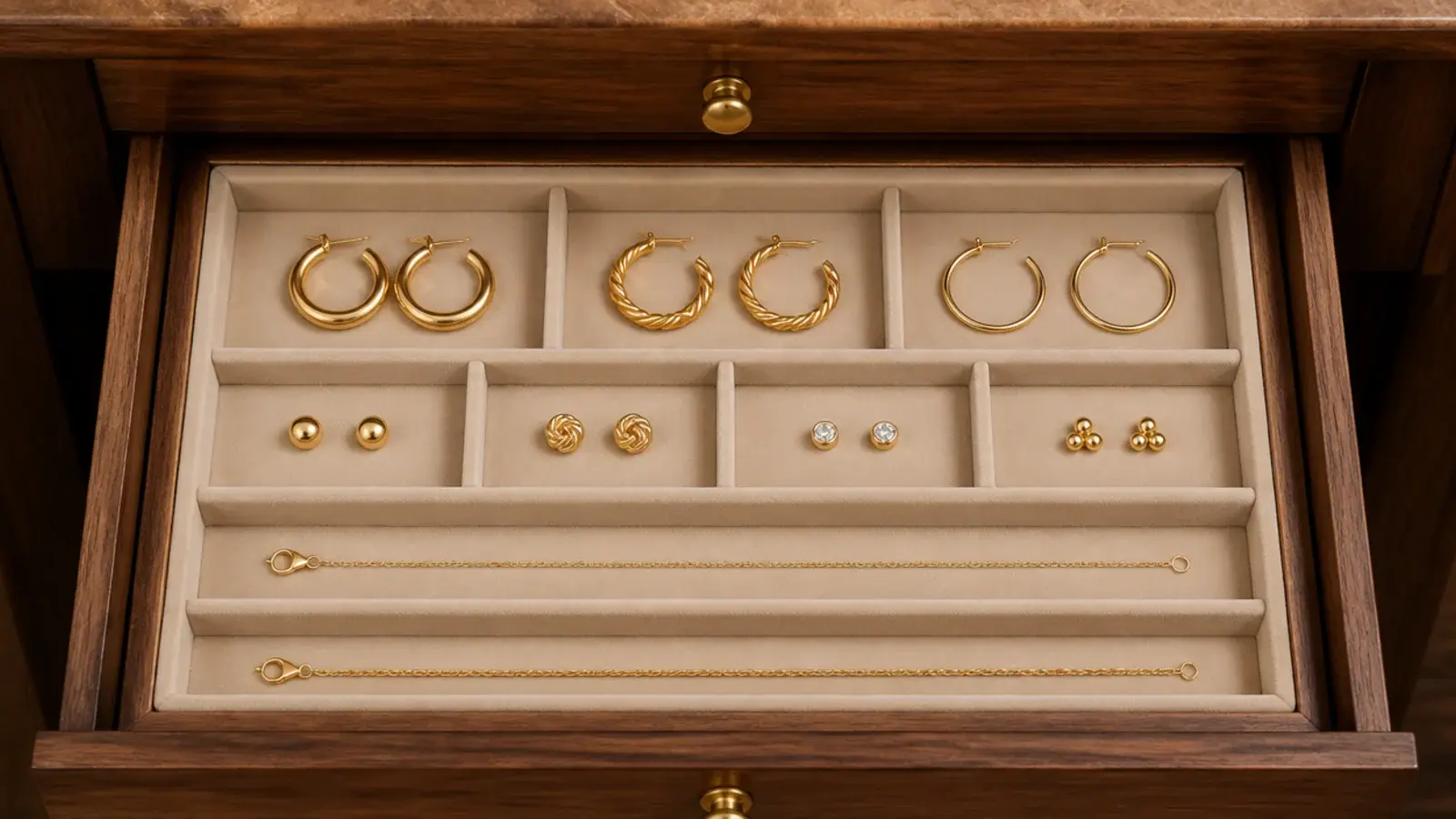 compartmented jewelry tray inside a drawer holding earrings and chains
