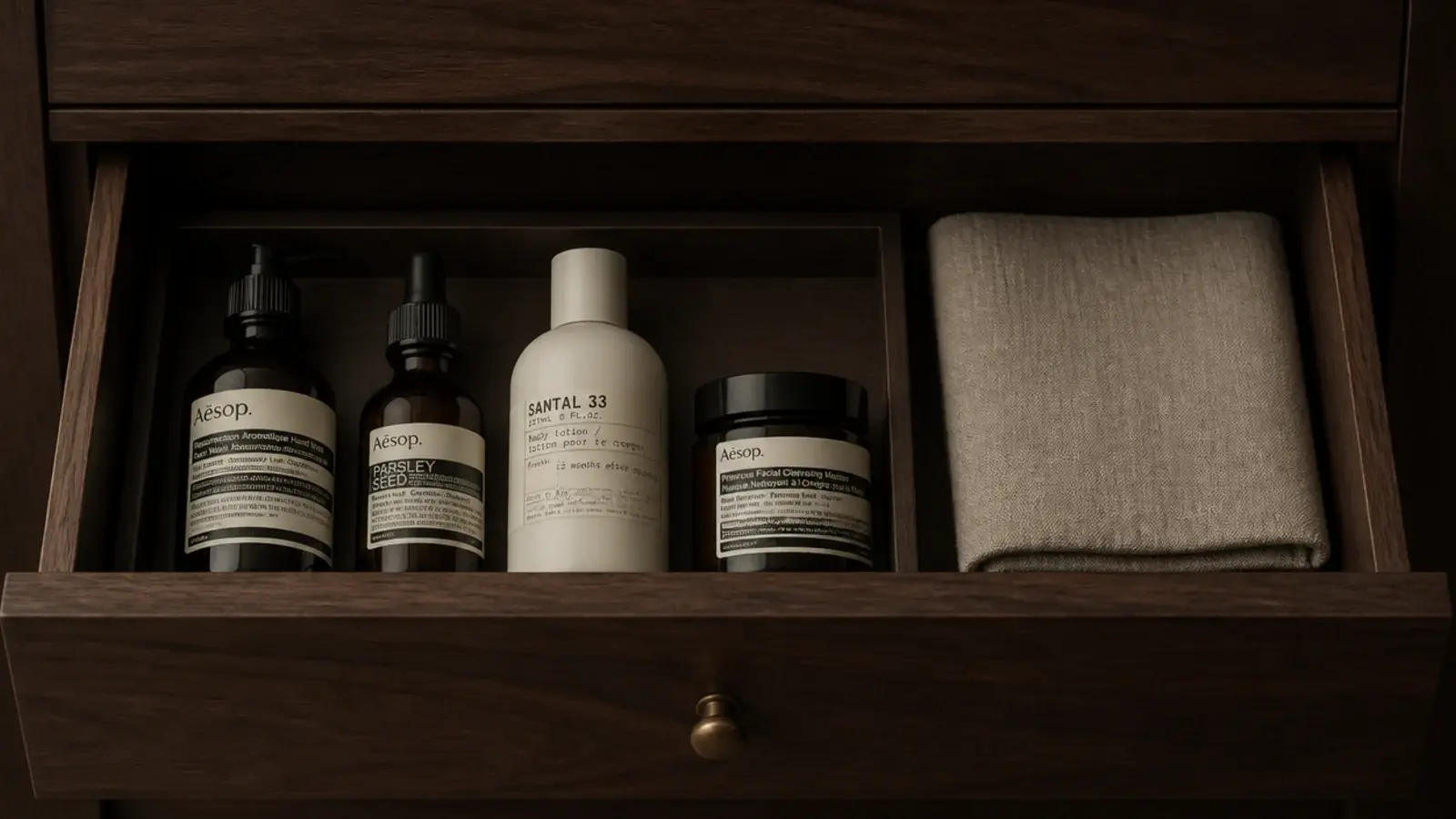 retinol and vitamin C bottles stored inside a closed dressing table drawer