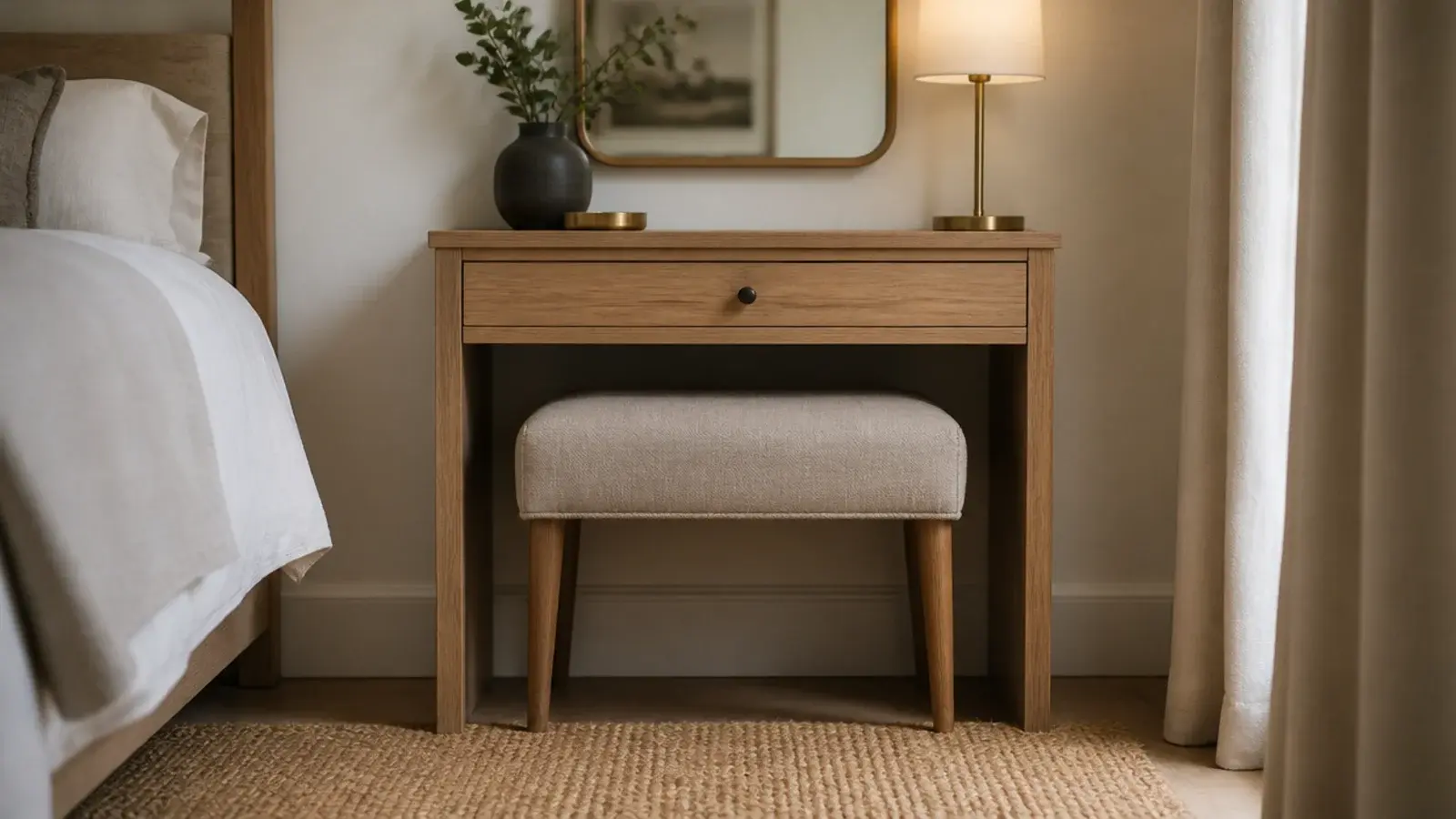 upholstered linen stool pushed completely under a bedroom vanity table