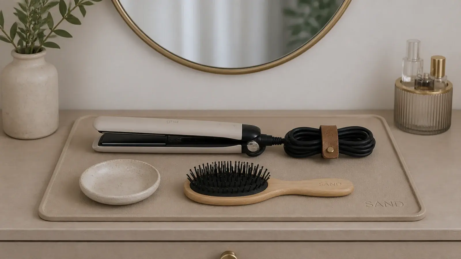 silicone heat mat holding a straightener with its cord coiled neatly