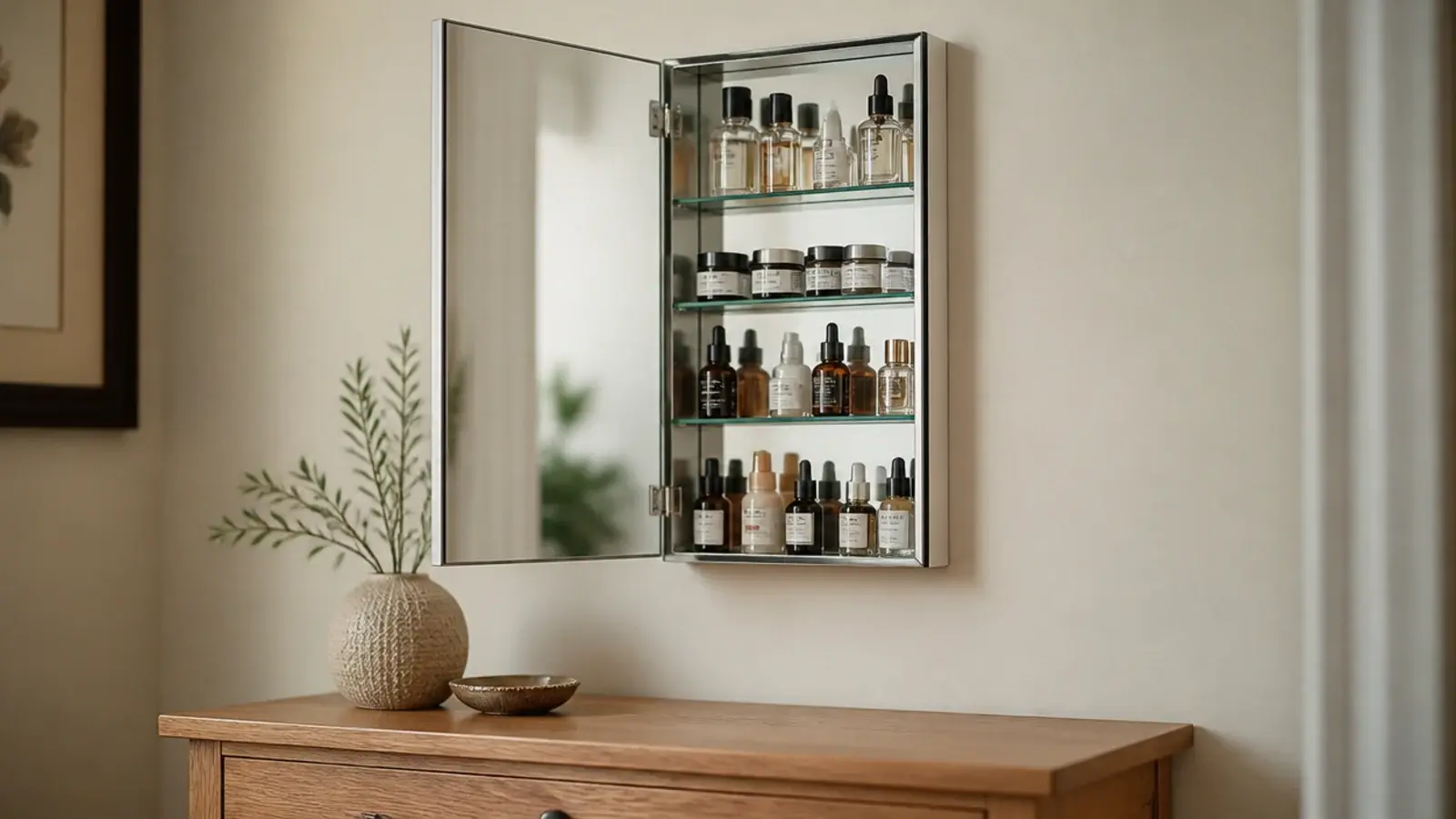 shallow wall mirror cabinet above a dressing table holding small bottles