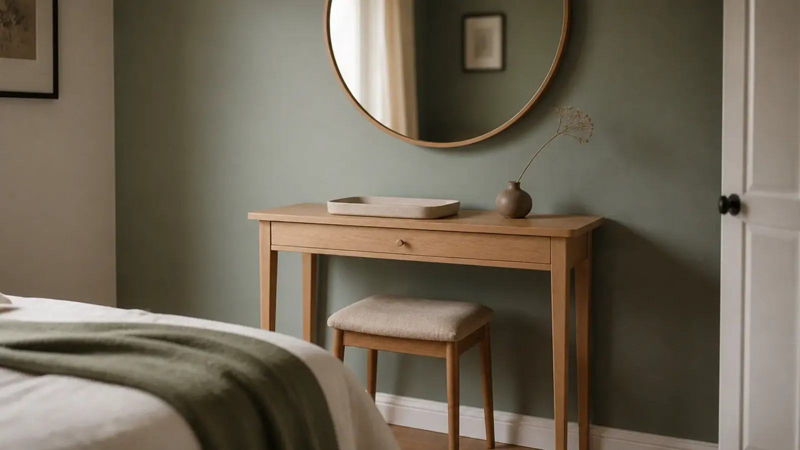 thirty inch narrow console working as a vanity in a small bedroom