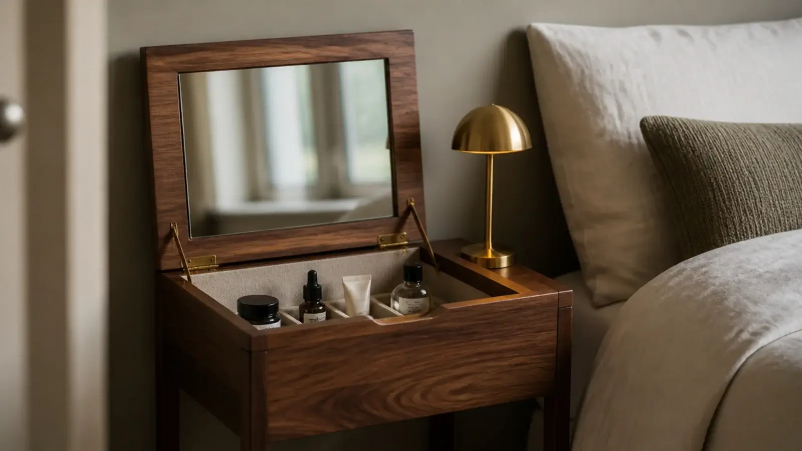 bedside table with a lift top mirror open beside a linen dressed bed