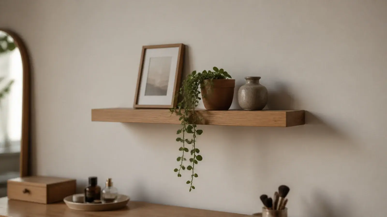 floating oak shelf above a dressing table holding art and a small plant