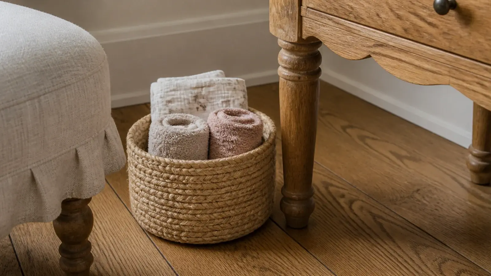 small woven basket beside a vanity collecting used washcloths and towels