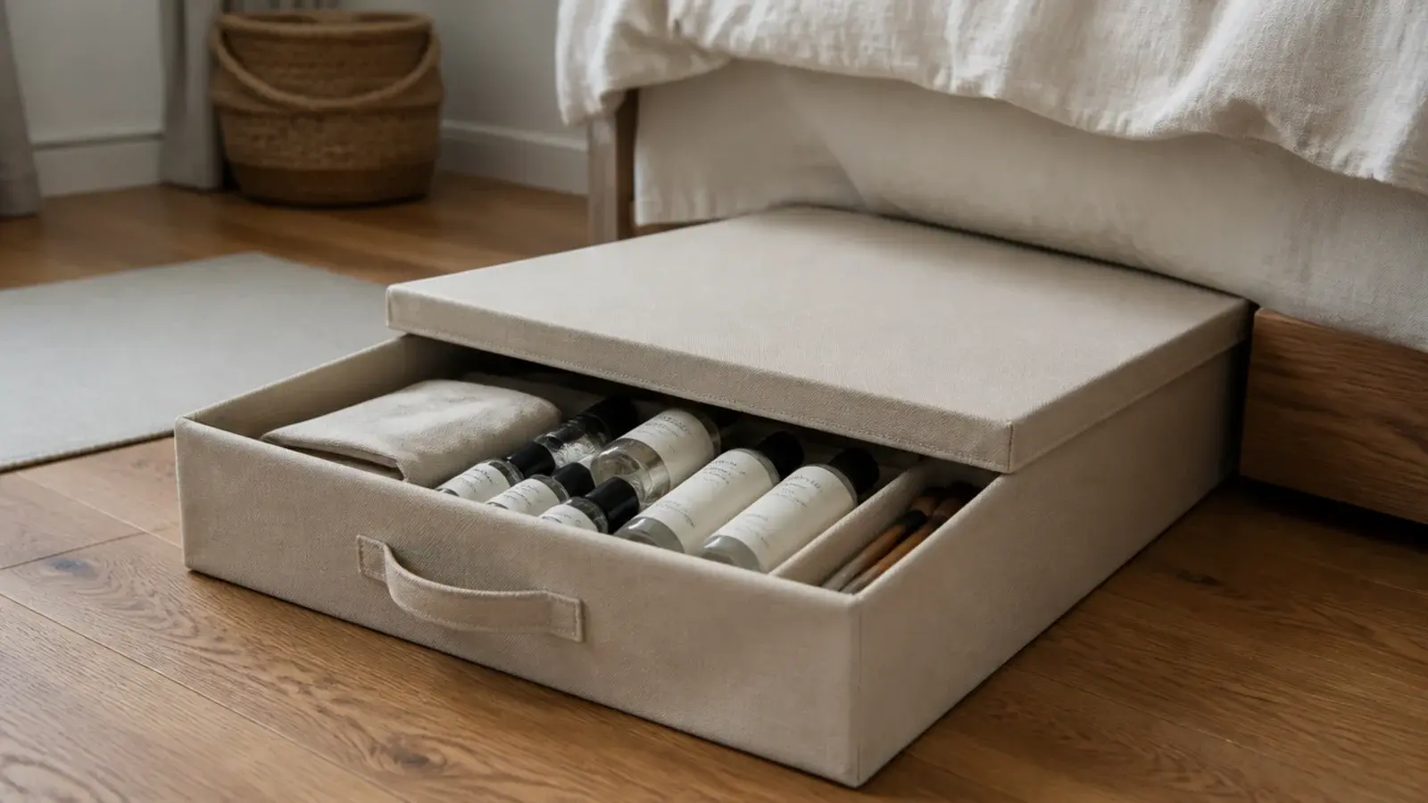 flat under bed box holding off season vanity products and spare tools