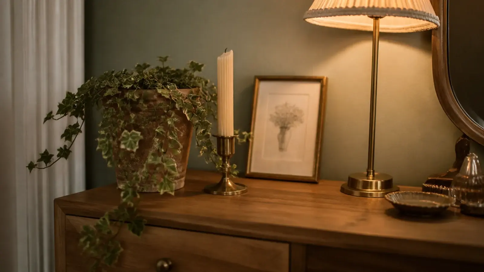 styled bedroom vanity with a trailing plant candle and small framed print