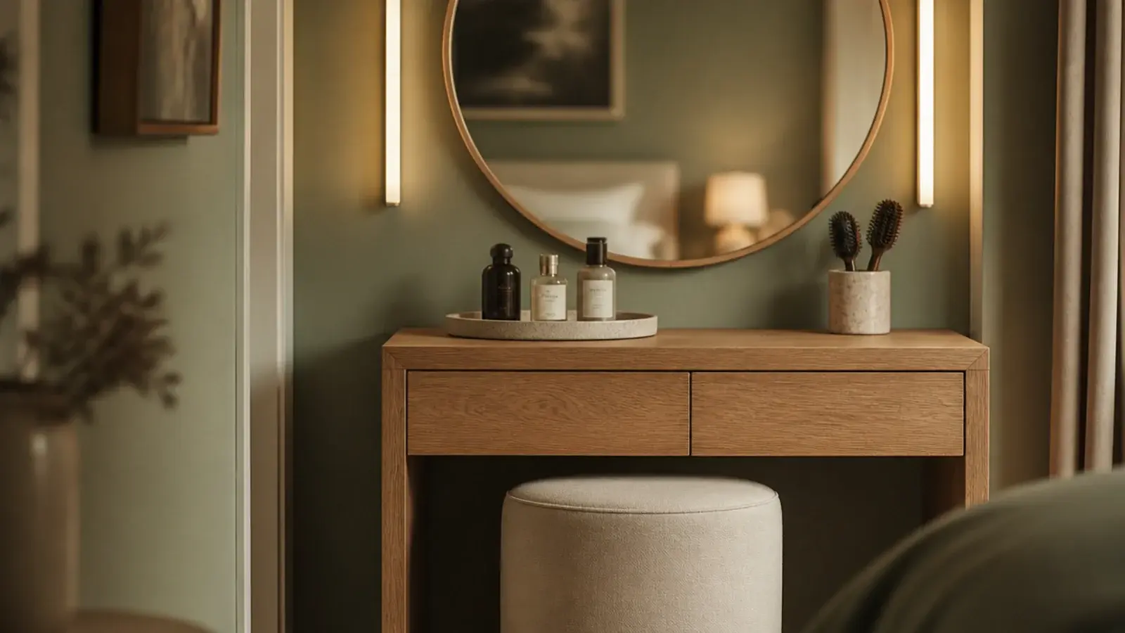 bedroom vanity organization with a mirror tray brush cup and jewelry drawer