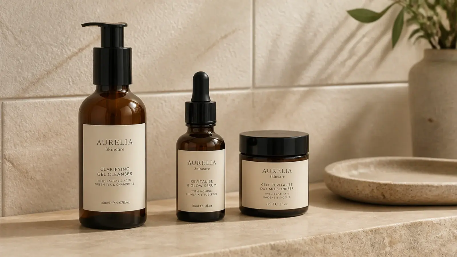skincare bottles arranged left to right in vanity routine order