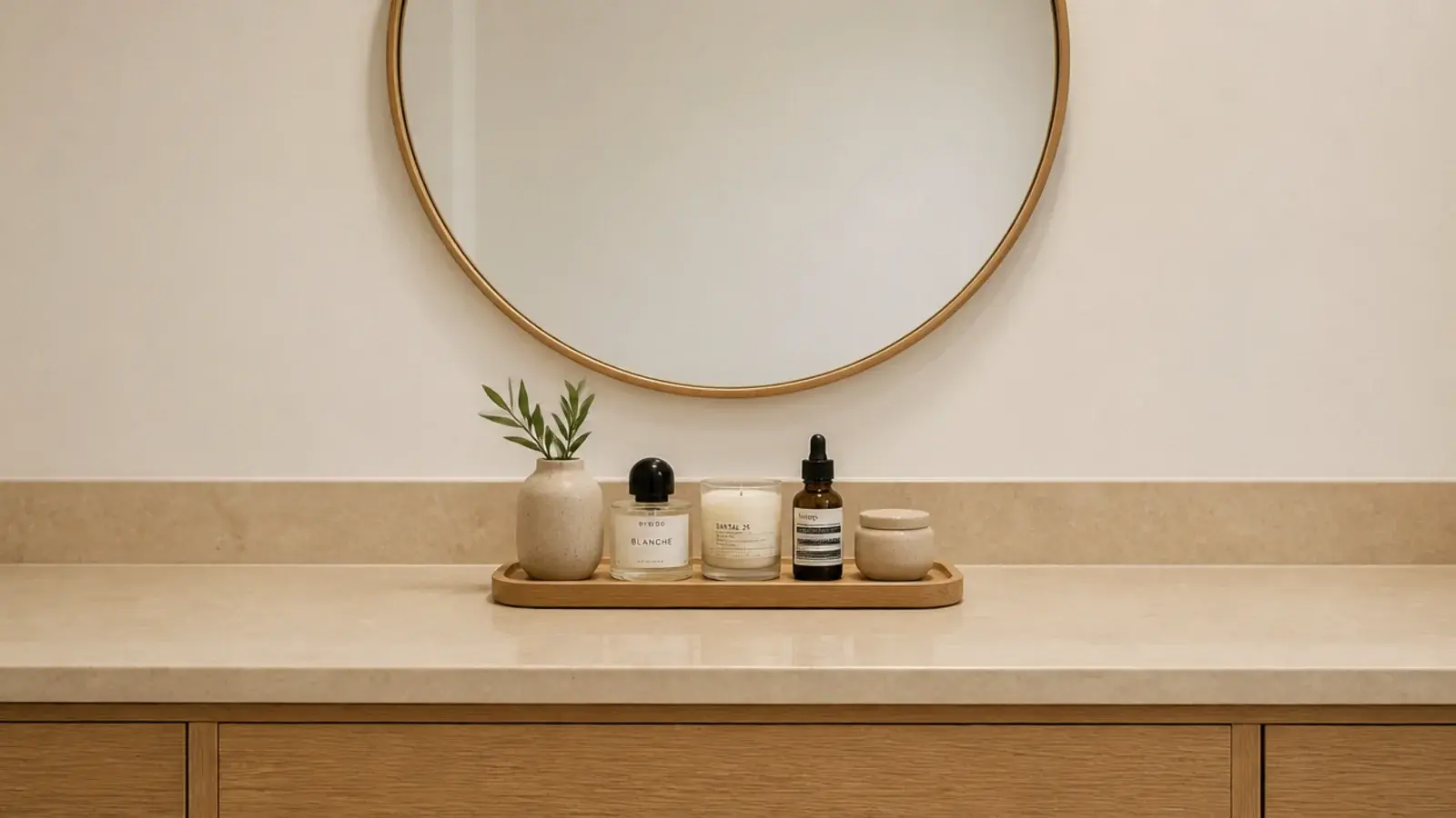 minimal vanity countertop organization with only five daily products out