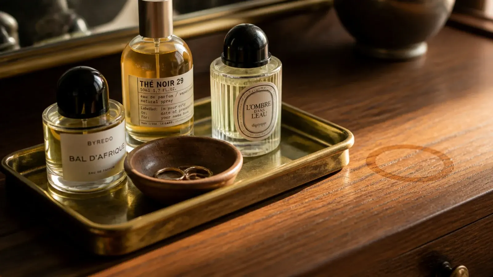 small brass tray corralling perfume and serum bottles on a vanity