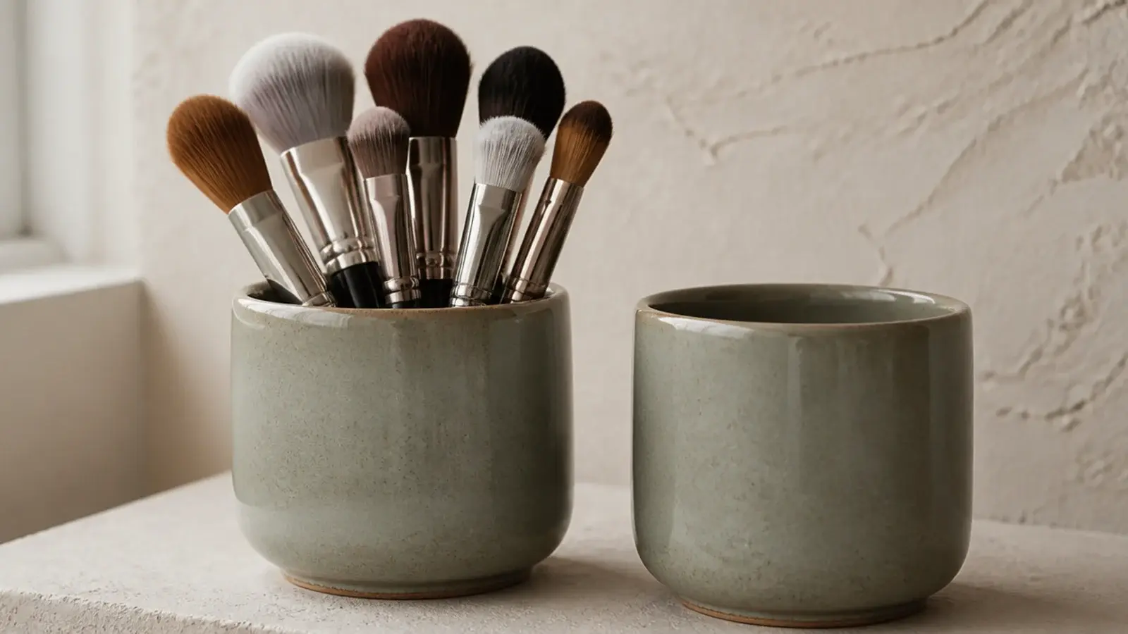 makeup brushes standing bristles up in a heavy stoneware vanity cup