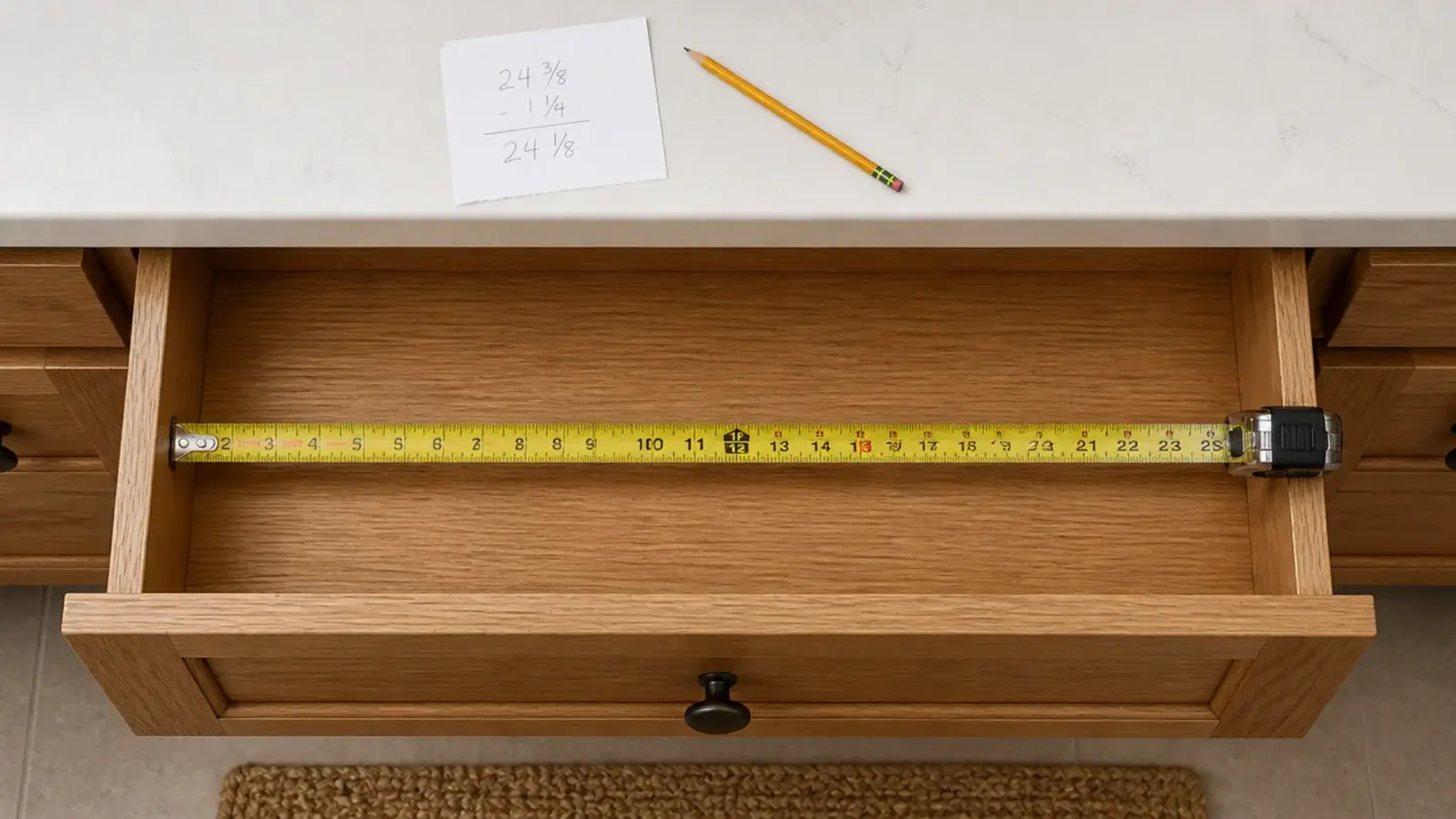 tape measure laid inside an open vanity drawer before buying inserts