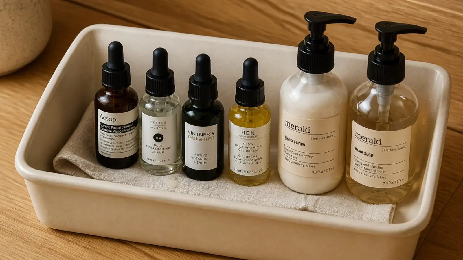 serum droppers and pump bottles standing upright in a deep vanity bin