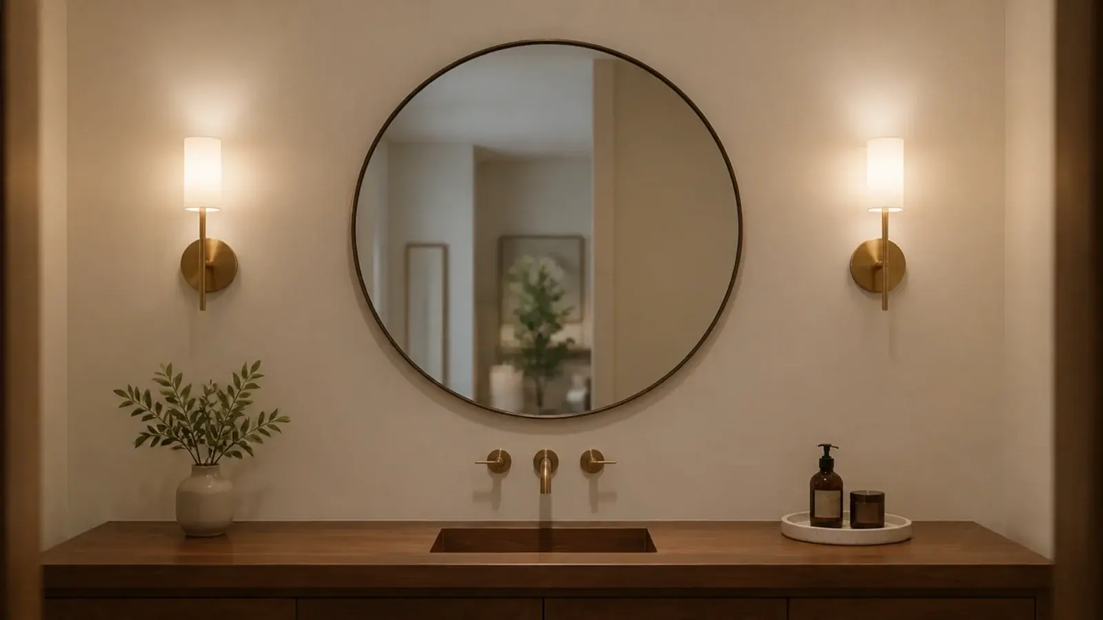 vanity mirror flanked by two warm sconces lighting the face evenly