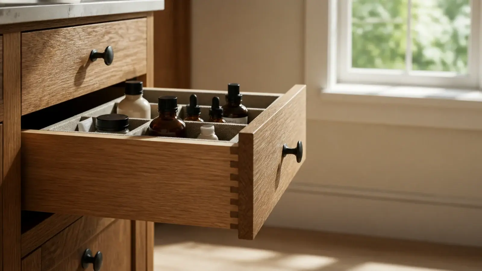 retinol and vitamin C bottles moved into a shaded vanity drawer