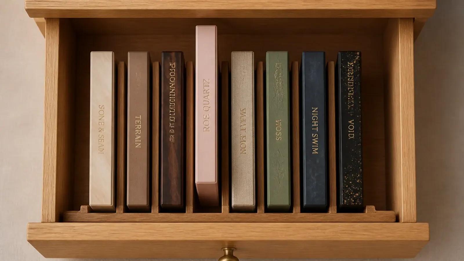 eyeshadow palettes filed upright in a slim vanity drawer divider