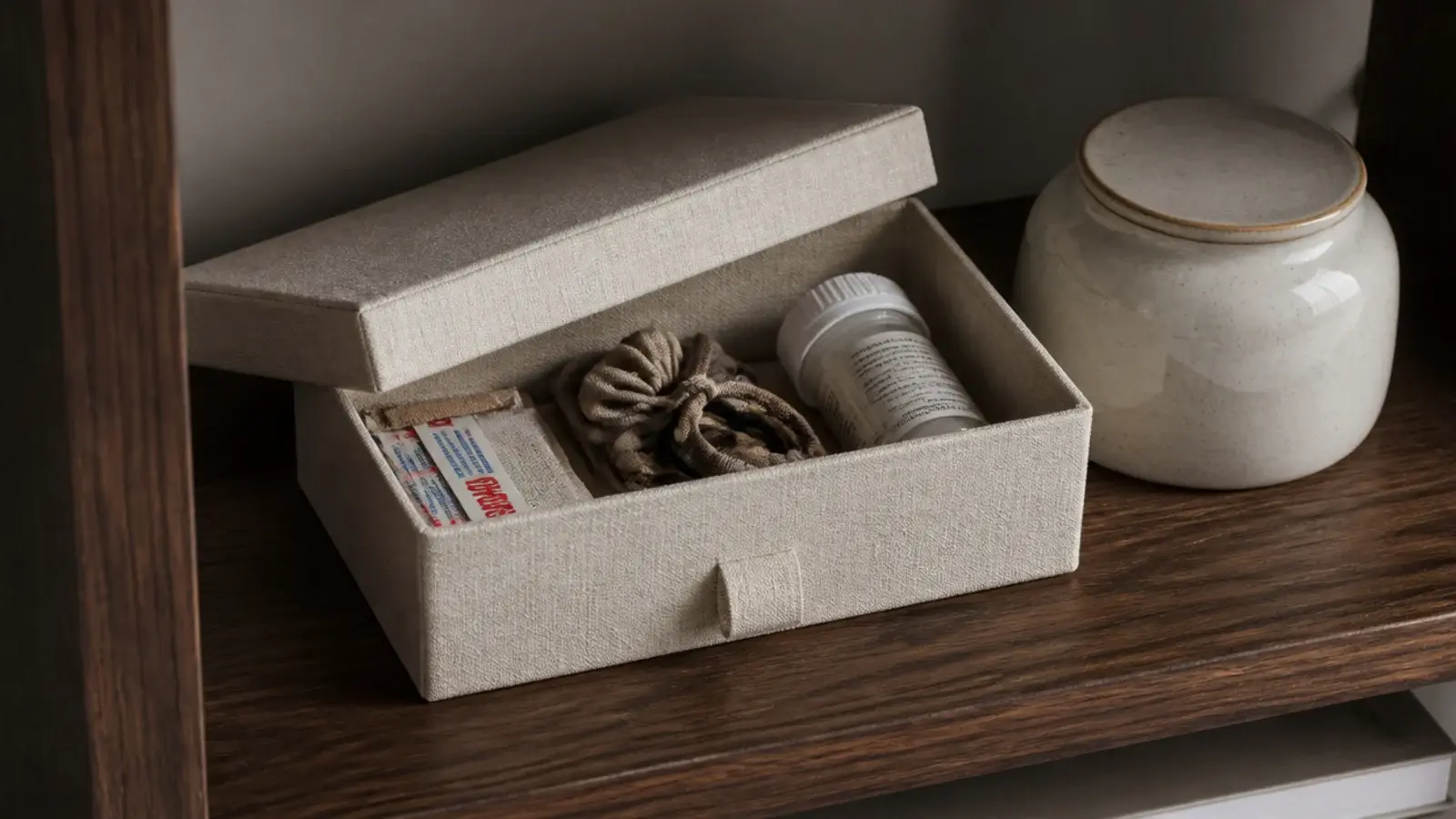 lidded linen box hiding hair ties and medicine on a vanity shelf