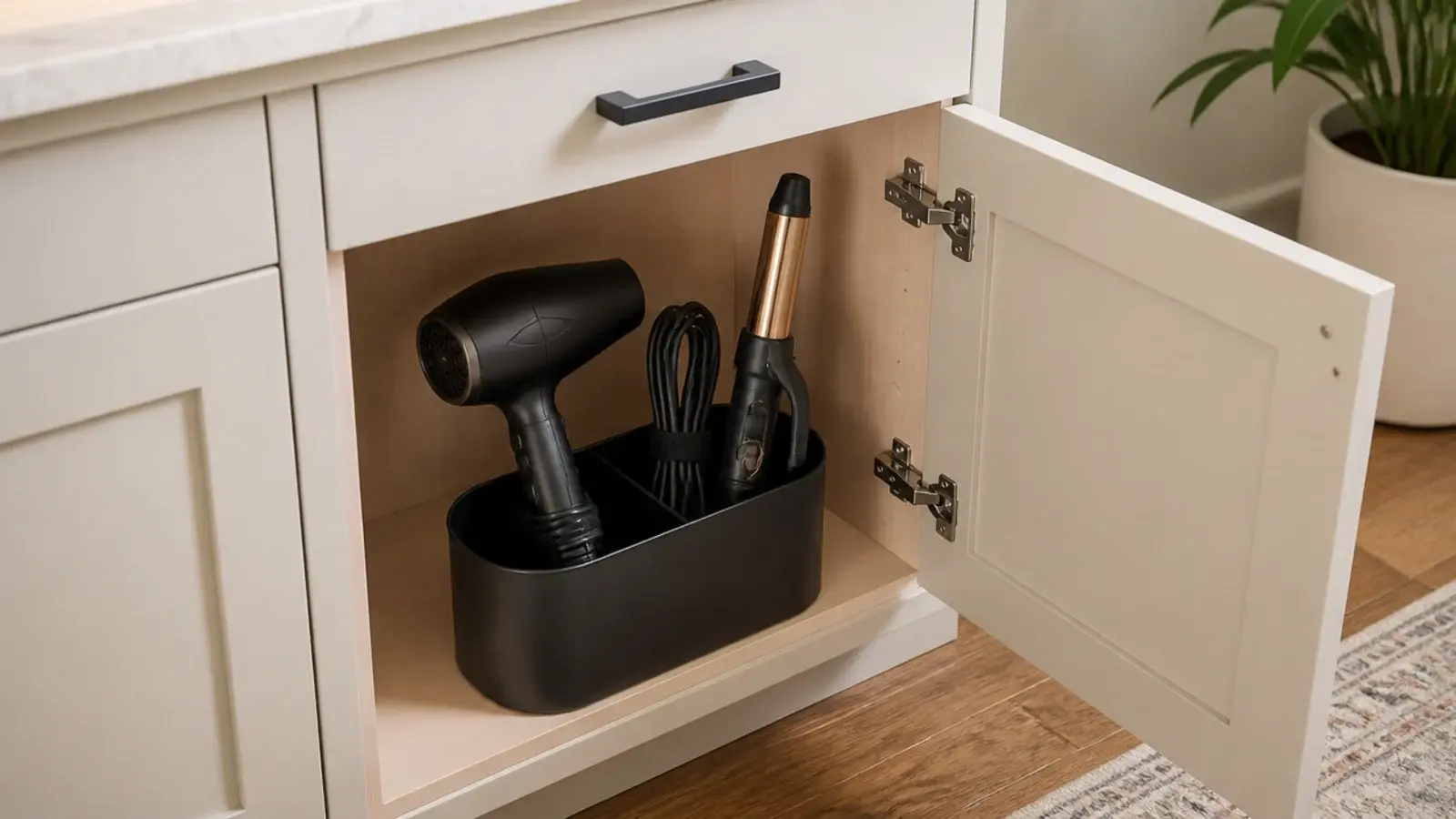 curling iron and dryer stored upright in a metal vanity cabinet bin