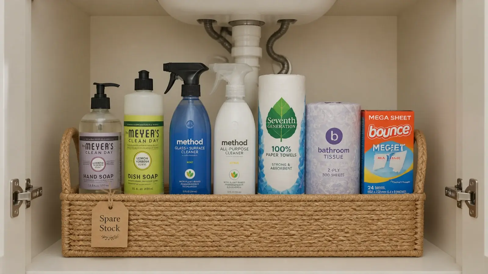 labelled backstock basket holding one spare of each vanity product