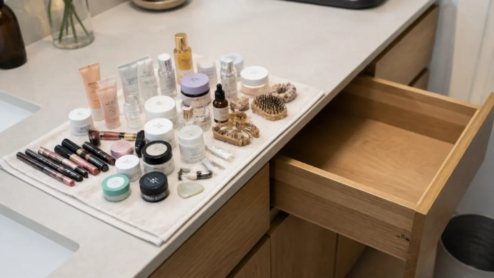 vanity products emptied onto a towel for a twice yearly cull