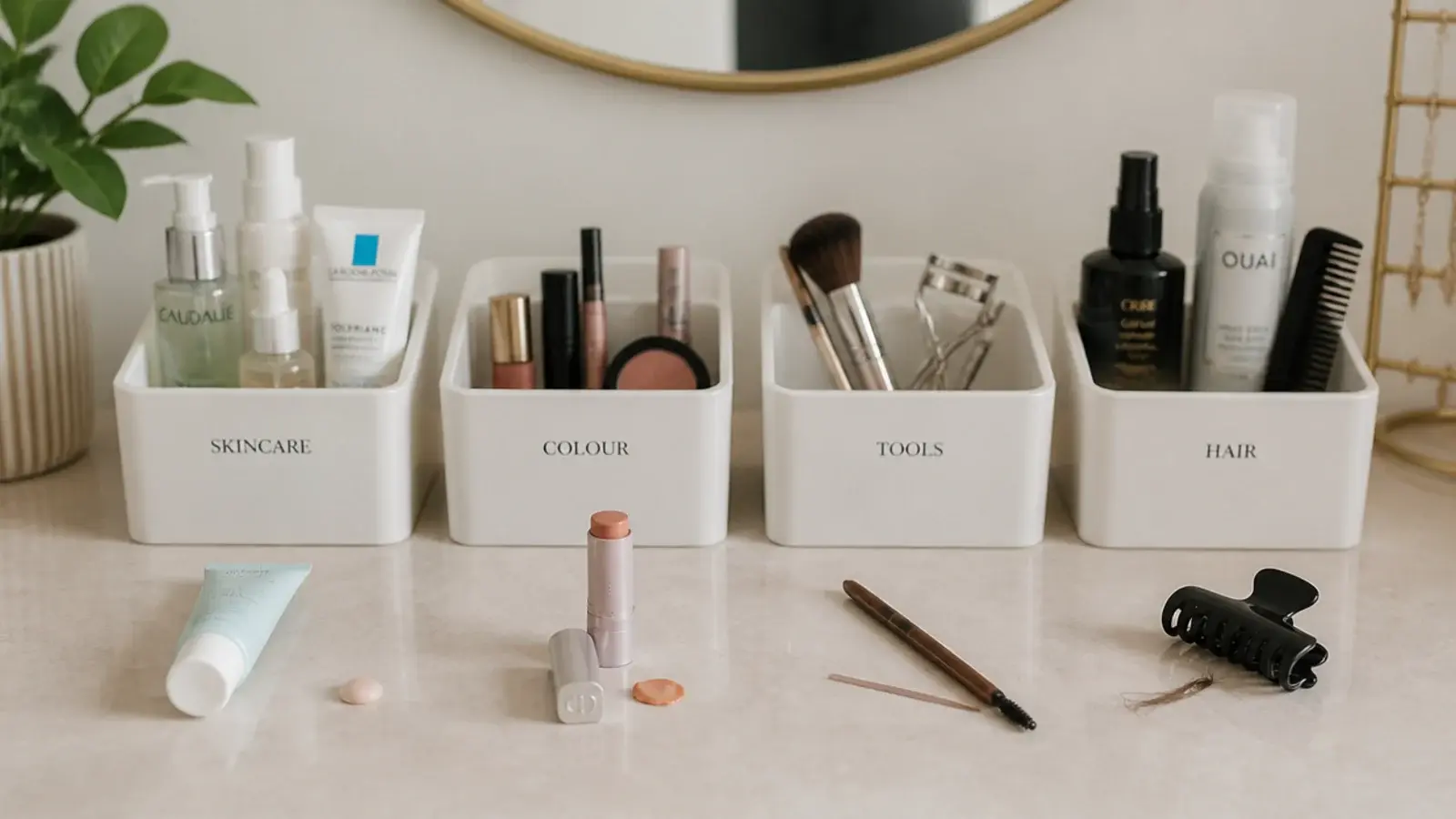 products sorted into category bins that split one morning routine apart