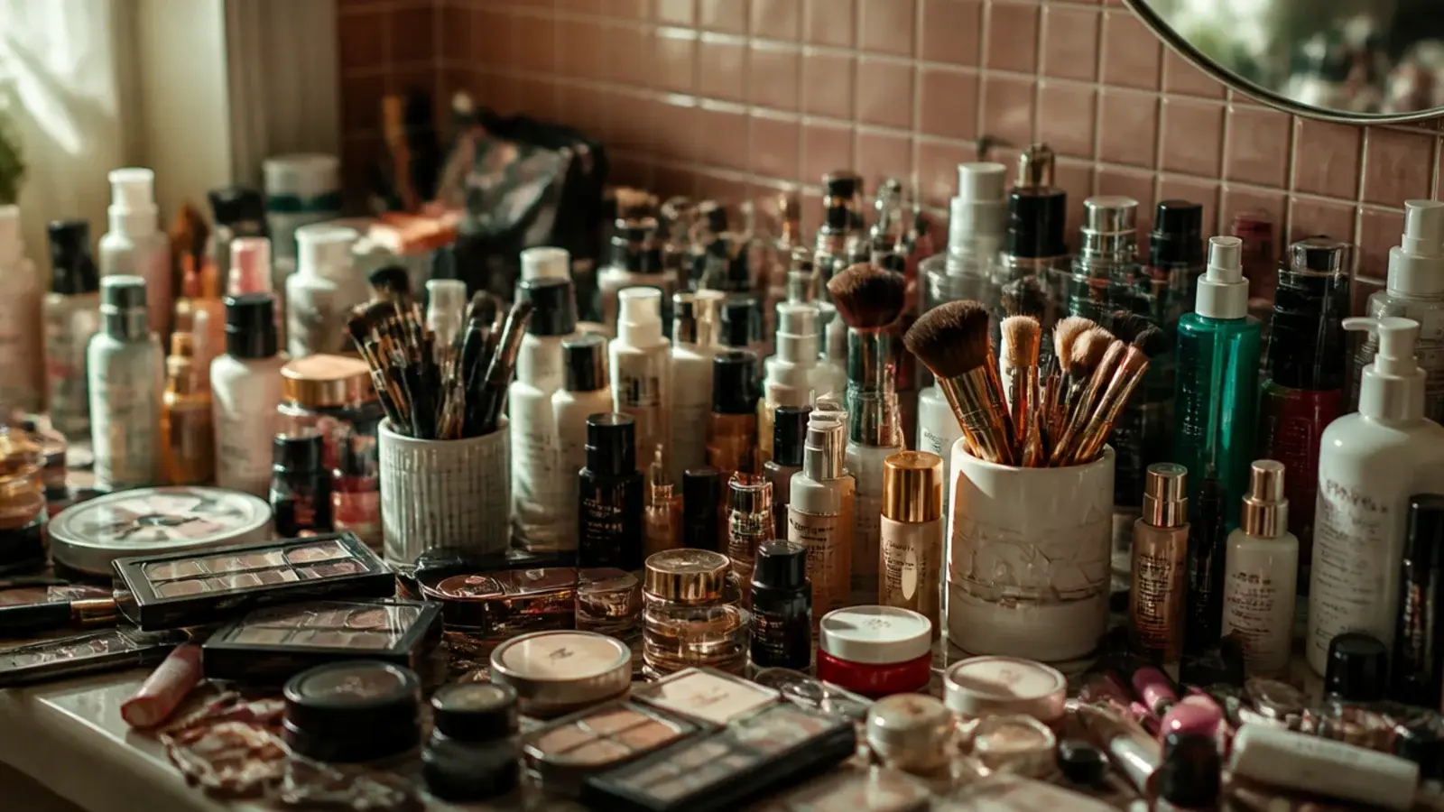 crowded vanity counter holding thirty products with no clear surface